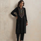 trueBrowns Black Velvet Geometric Embroidered Kurta Pant Dupatta Set | Swadesiicart