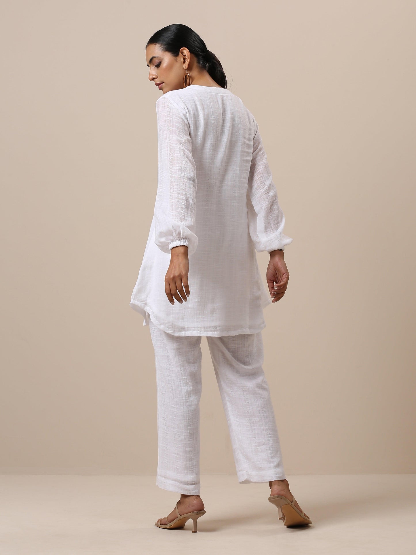 trueBrowns Gauze White Short Co-Ord Set - Swadesiicart