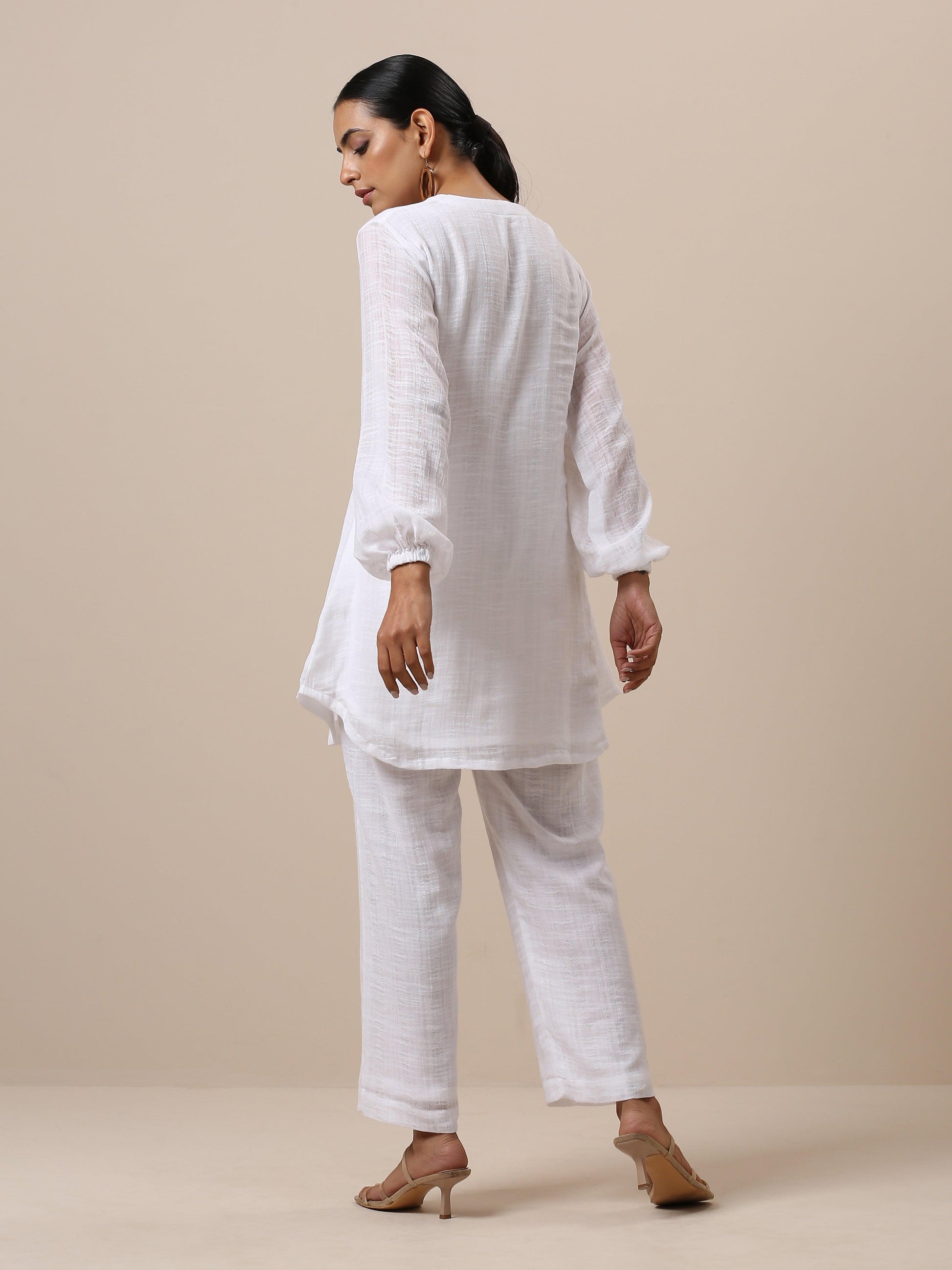 trueBrowns Gauze White Short Co-Ord Set - Swadesiicart