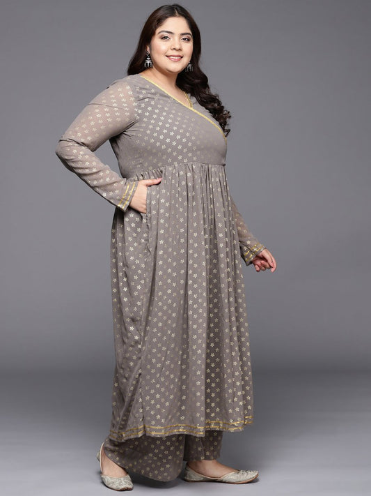 Ahalyaa Plus Size Floral Printed Zari Angrakha Kurta with Palazzos | Swadesiicart
