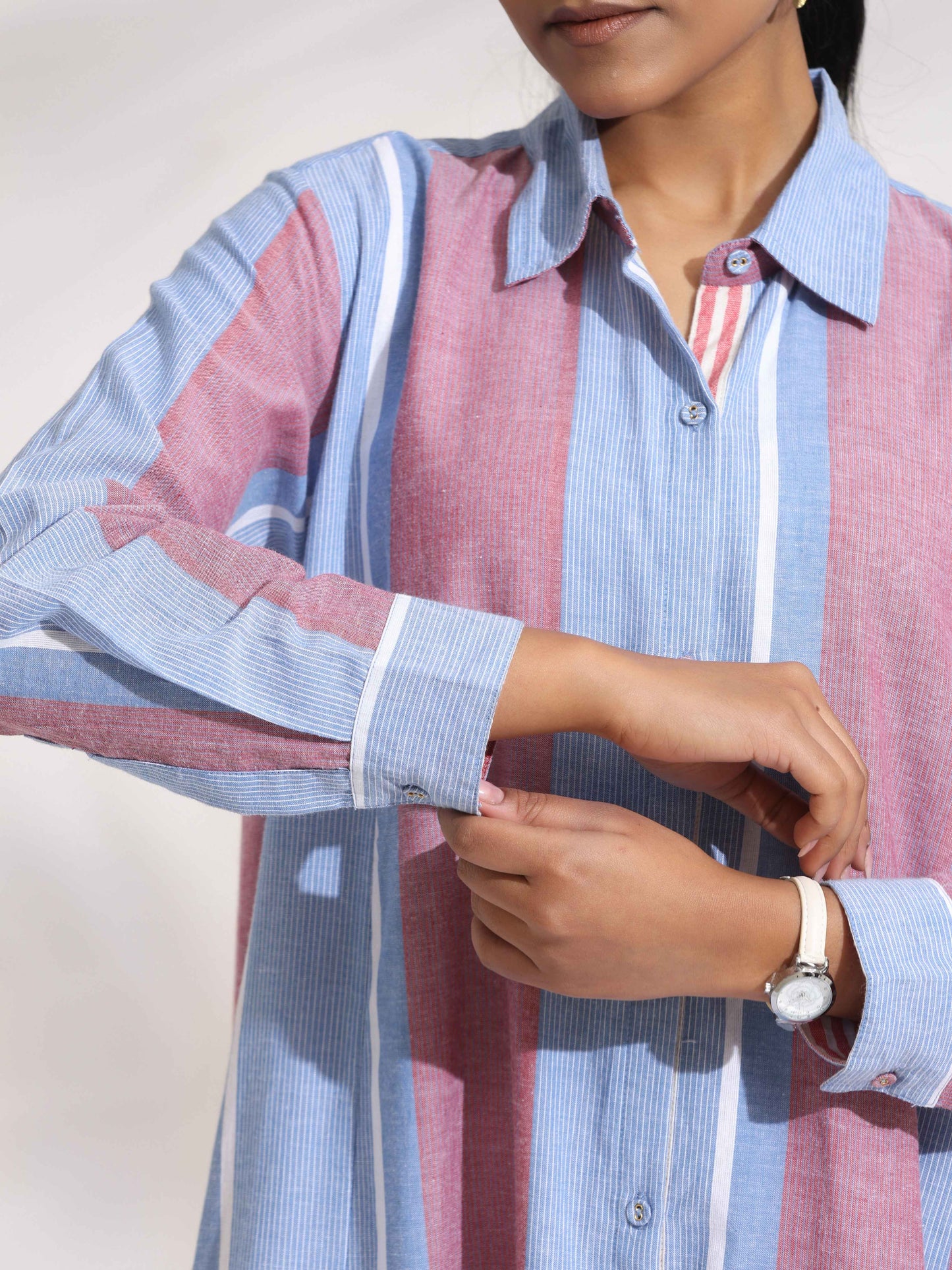 trueBrowns Blue Cotton Stripe Flared Shirt Dress | Swadesiicart