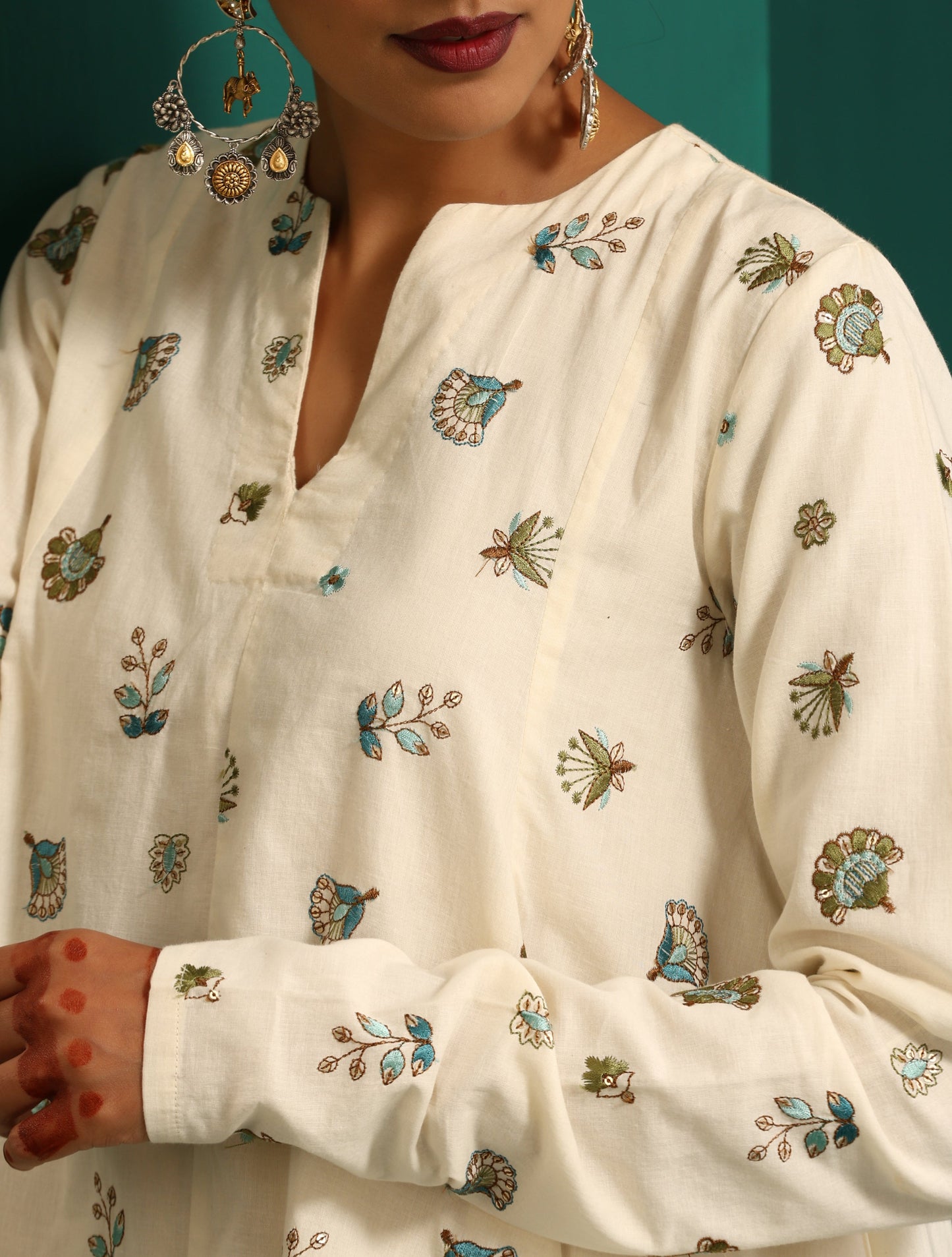 trueBrowns Ivory Blue Floral Cotton Flared Co-ord Set - Swadesiicart
