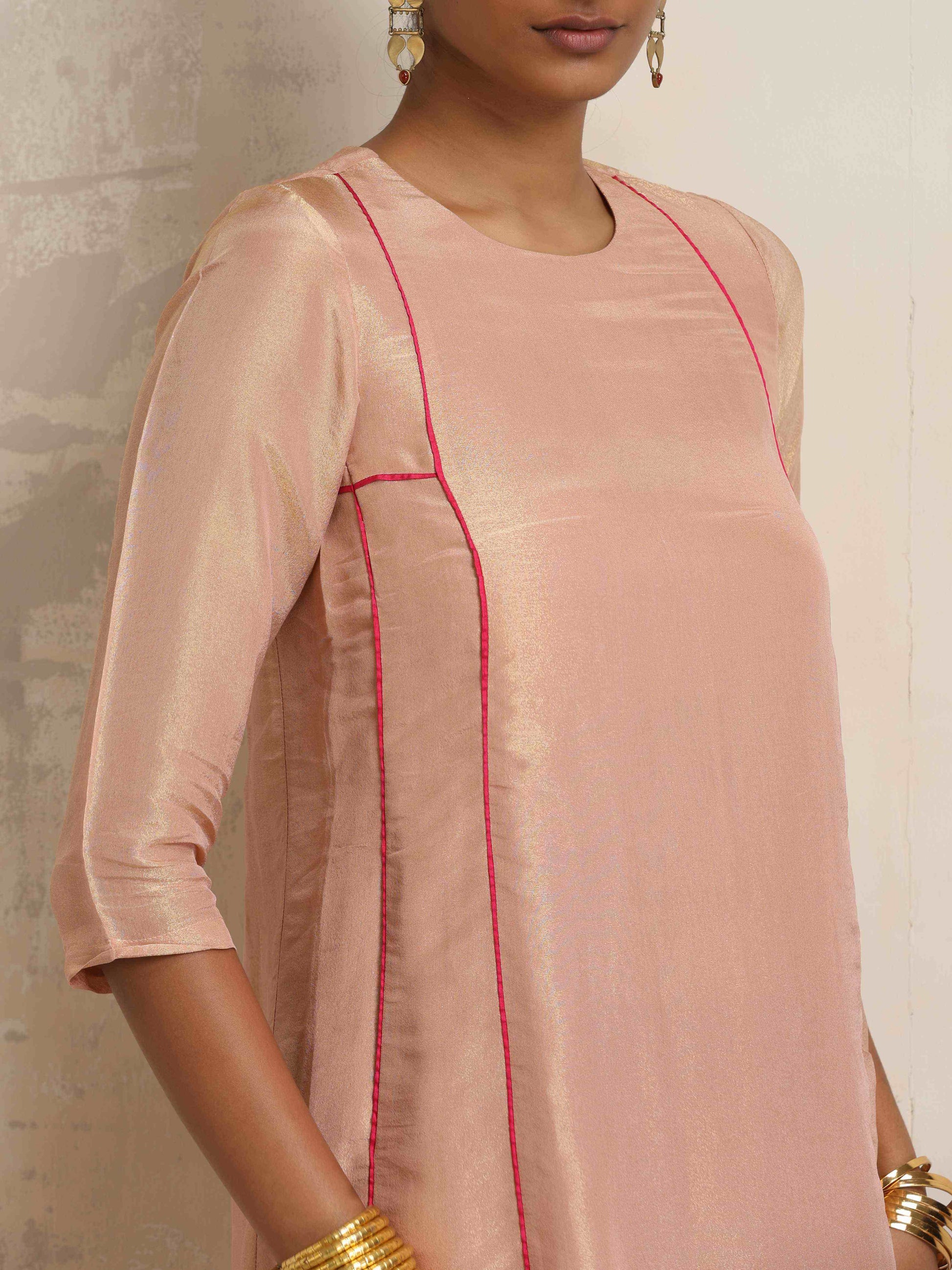 trueBrowns Blush Pink Tissue A-line Kurta Set | Swadesiicart