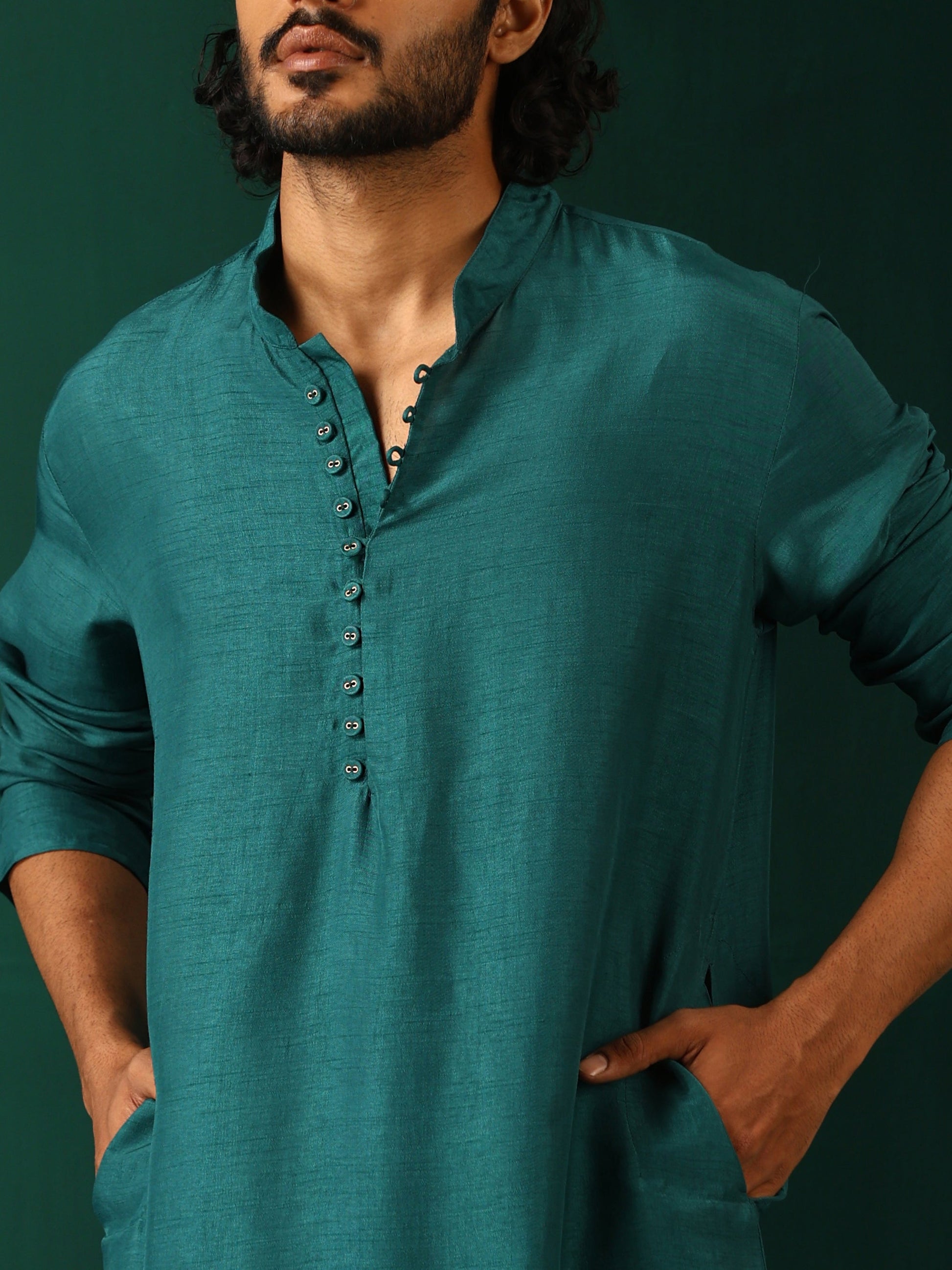 trueBrowns Men's Teal Silk Co-ord Set - Swadesiicart