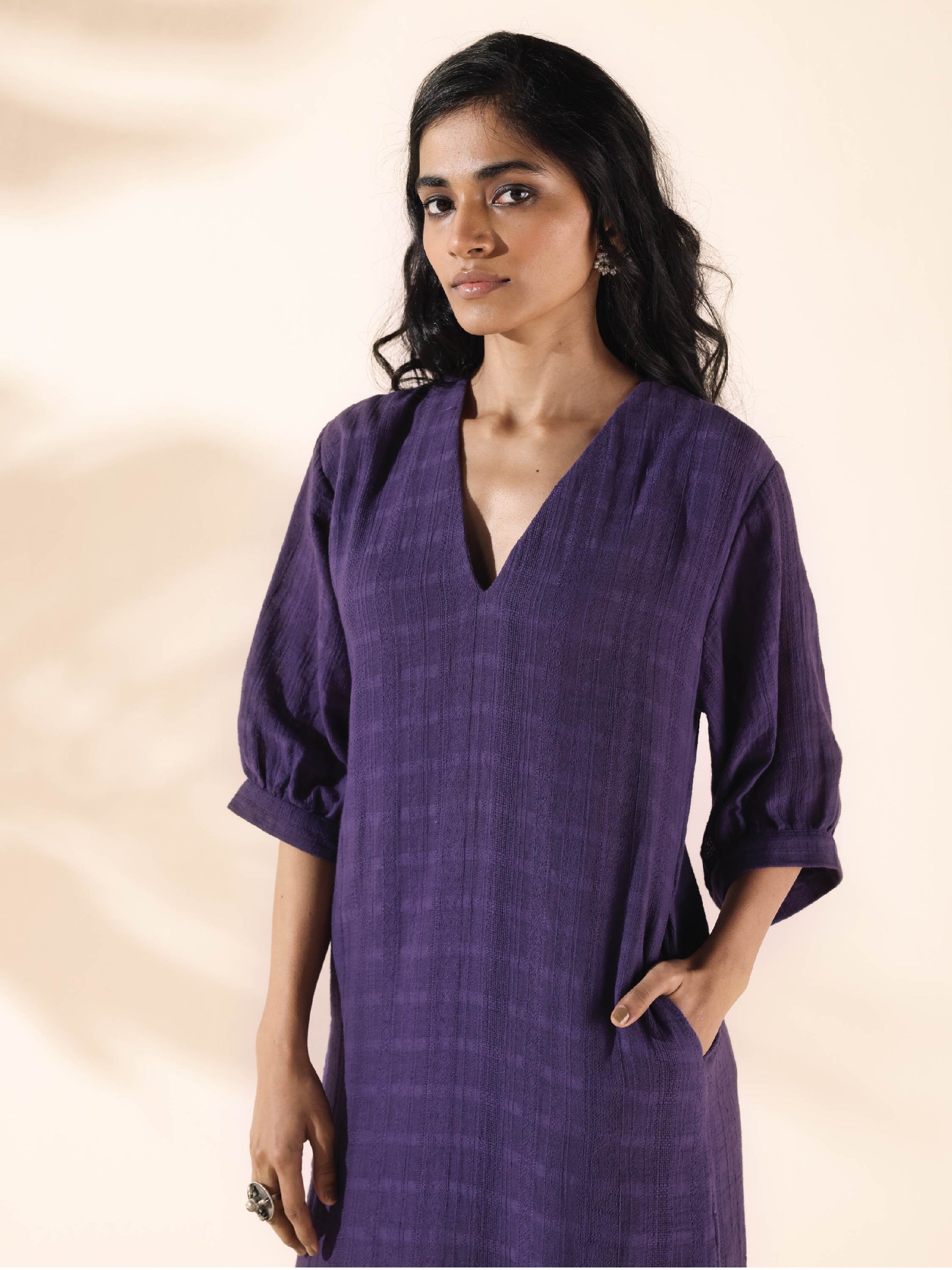 trueBrowns Purple Cotton Dobby Slit Dress | Swadesiicart