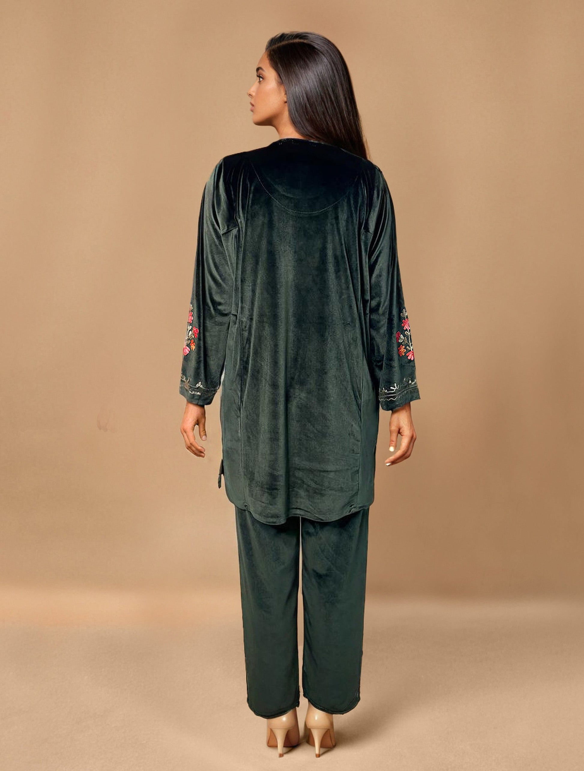 trueBrowns Olive Green Velvet Embroidered Co-ord Set - Swadesiicart