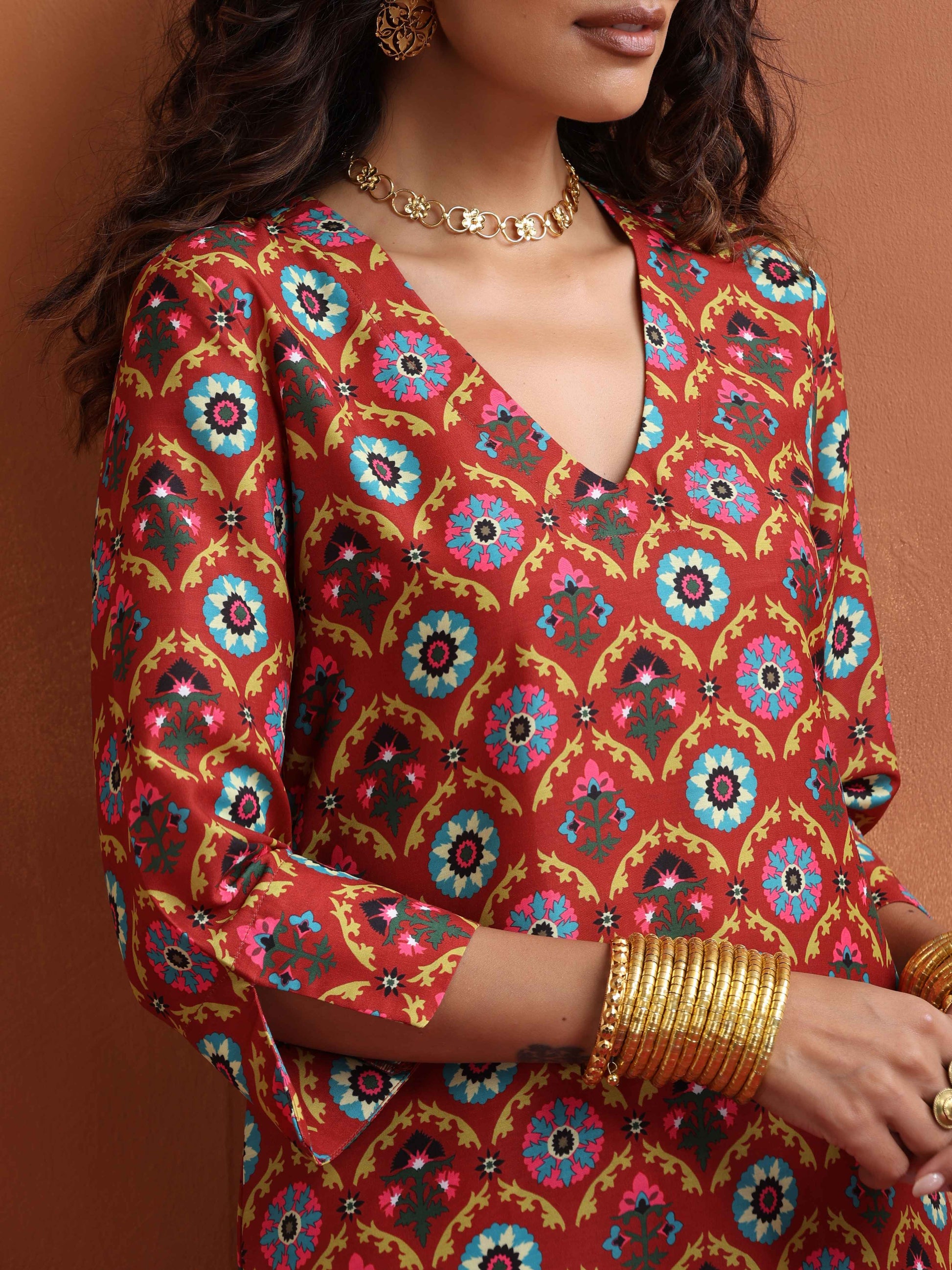 trueBrowns Rust Print Kurta Co-ord Set - Swadesiicart