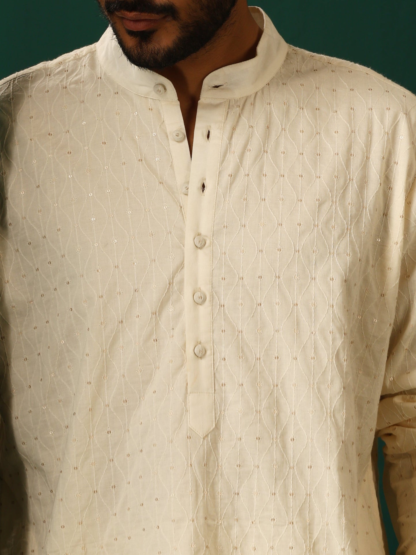 trueBrowns Men's Ivory Tonal Cotton Co-ord Set - Swadesiicart