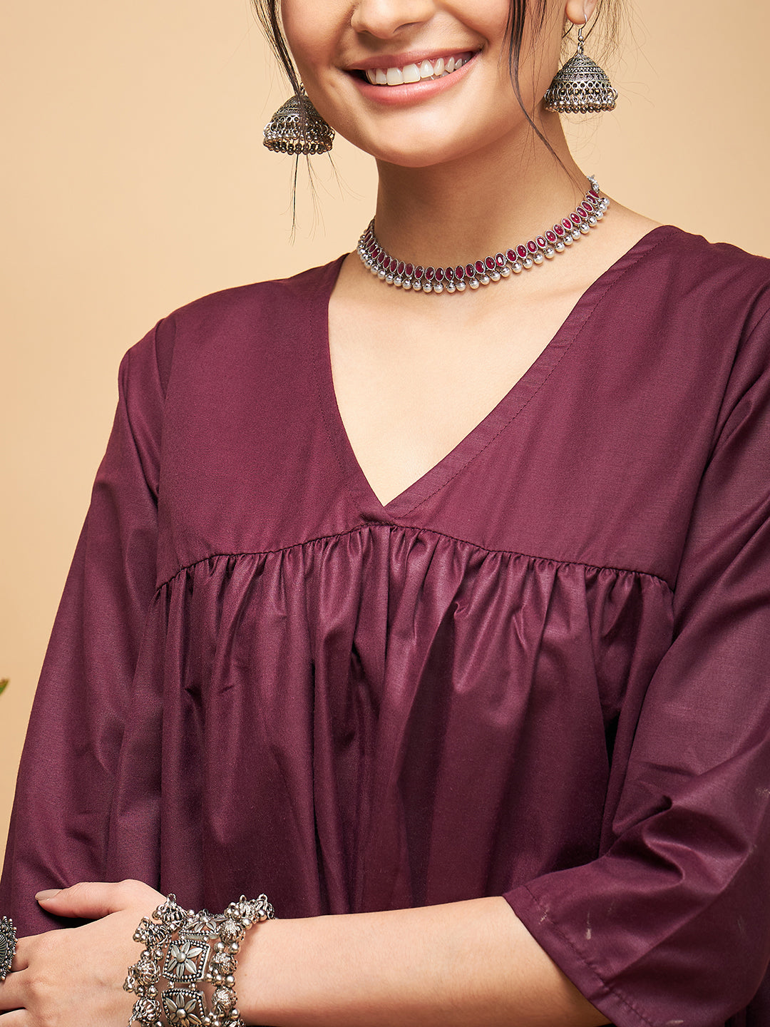 InWeave Women's Wine Solid Flared Kurta Palazzo Set - Swadesiicart