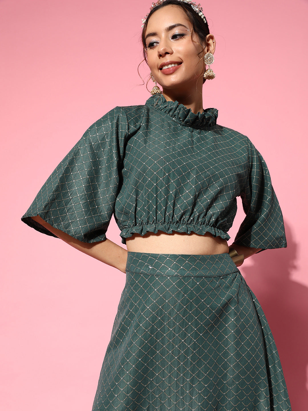 InWeave Women's Hunter Green Gold Crop Top With Side Slit Skirt - Swadesiicart