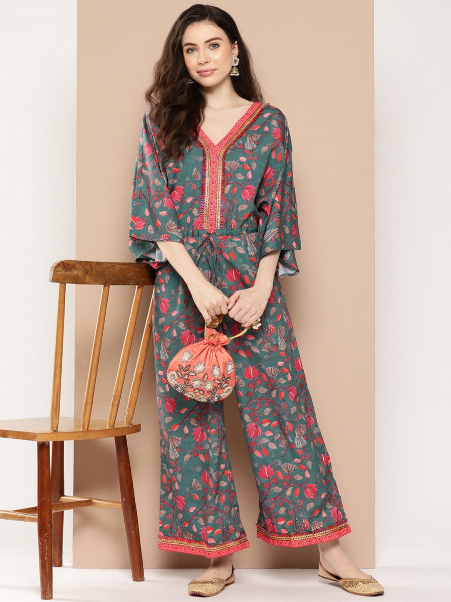 Ahalyaa Printed Basic Jumpsuit with Lace Inserts | Swadesiicart