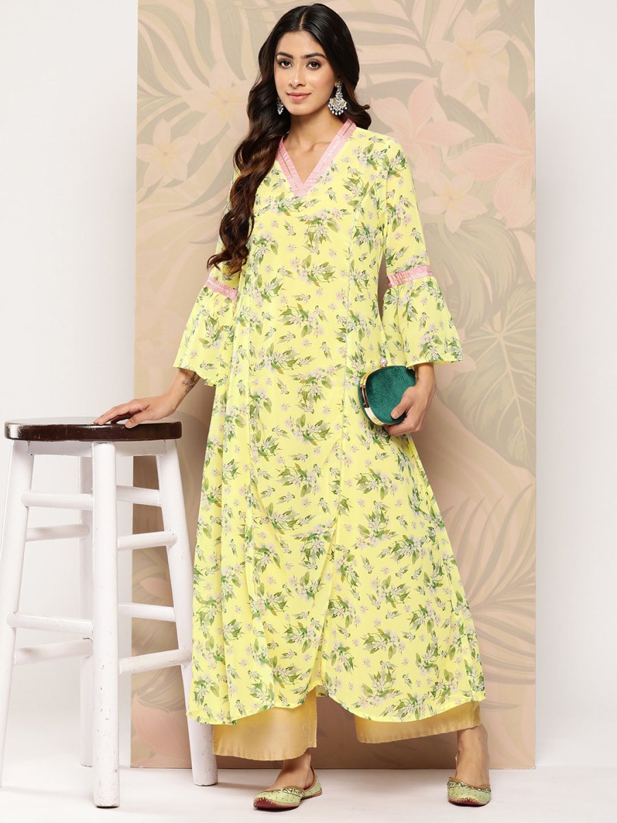 Ahalyaa Floral Printed Bell Sleeves Gotta Patti Georgette Kurta | Swadesiicart
