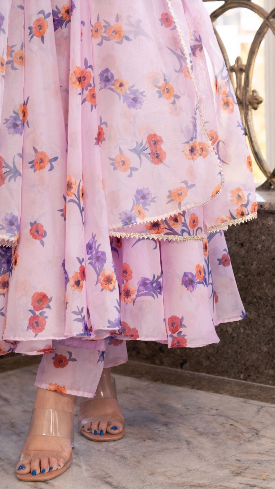 Pomcha Jaipur Lavender Gangaur Printed Organza Anarkali | Swadesiicart