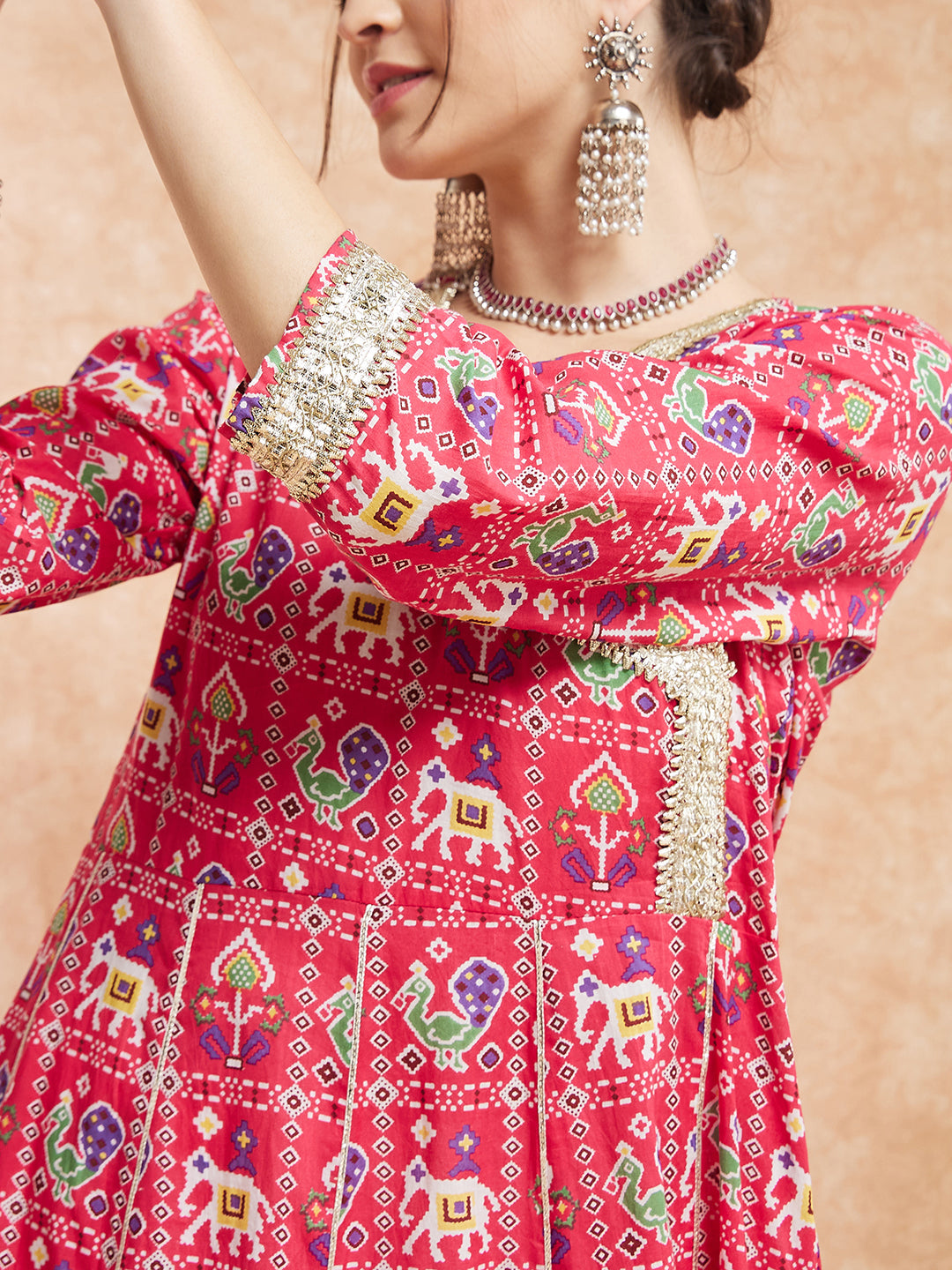 InWeave Women's Pink Patola Printed Gota Embroidered Anarkali Kurta - Swadesiicart