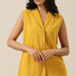 trueBrowns Mustard Yellow Slub Texture Sleevesless Jacket Pant Set | Swadesiicart