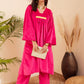 InWeave Women's Magenta V Neck Asymmetrical Pleated Velvet Kurta Set - Swadesiicart
