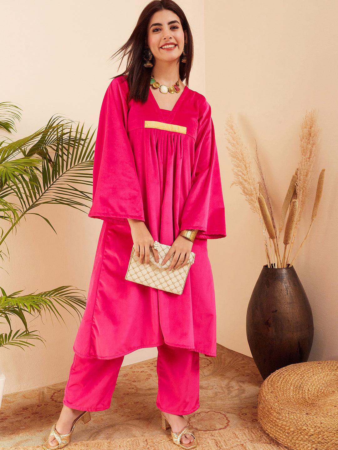InWeave Women's Magenta V Neck Asymmetrical Pleated Velvet Kurta Set - Swadesiicart