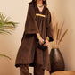InWeave Women's Brown V Neck Asymmetrical Pleated Velvet Kurta Set - Swadesiicart