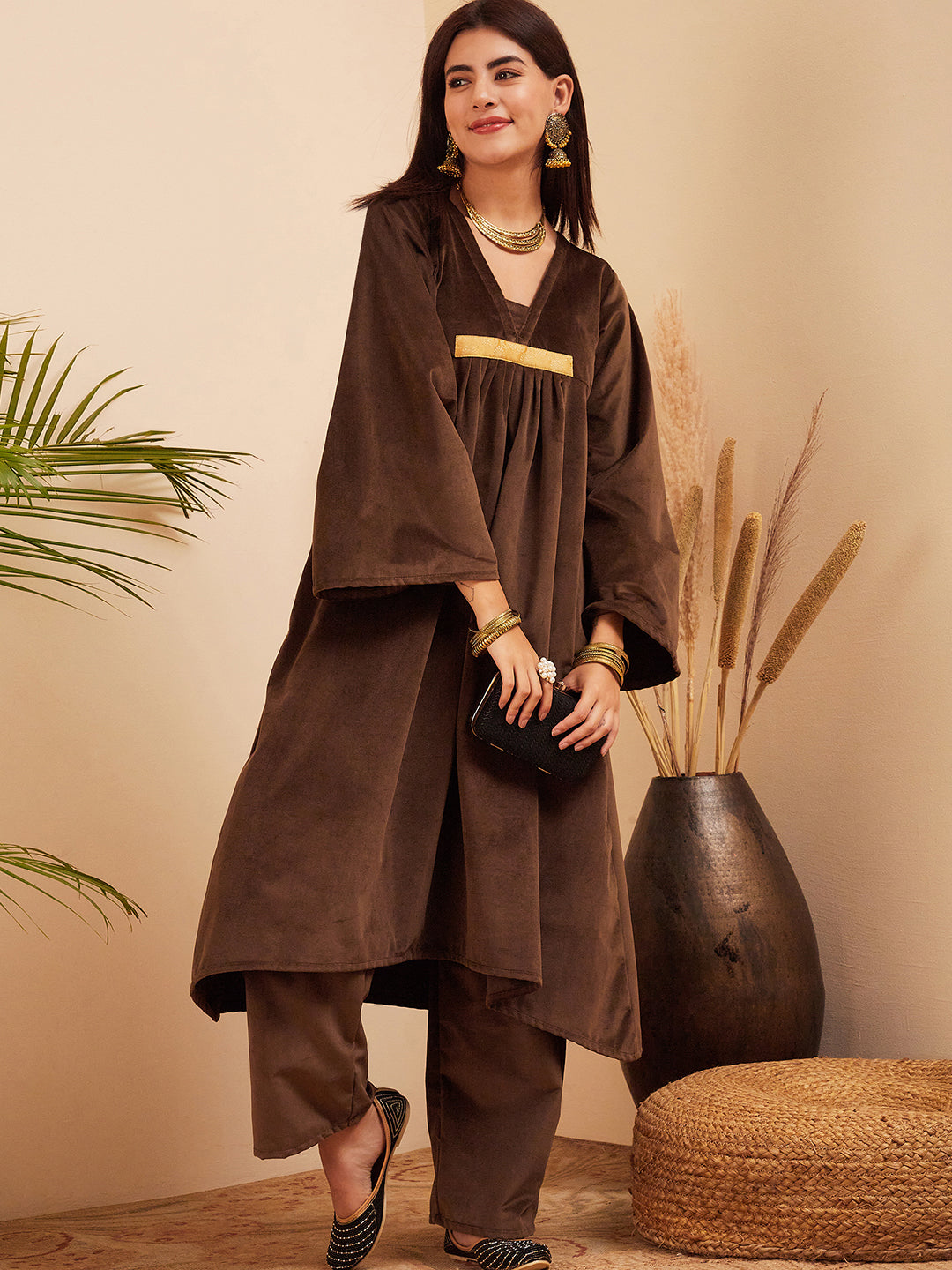 InWeave Women's Brown V Neck Asymmetrical Pleated Velvet Kurta Set - Swadesiicart