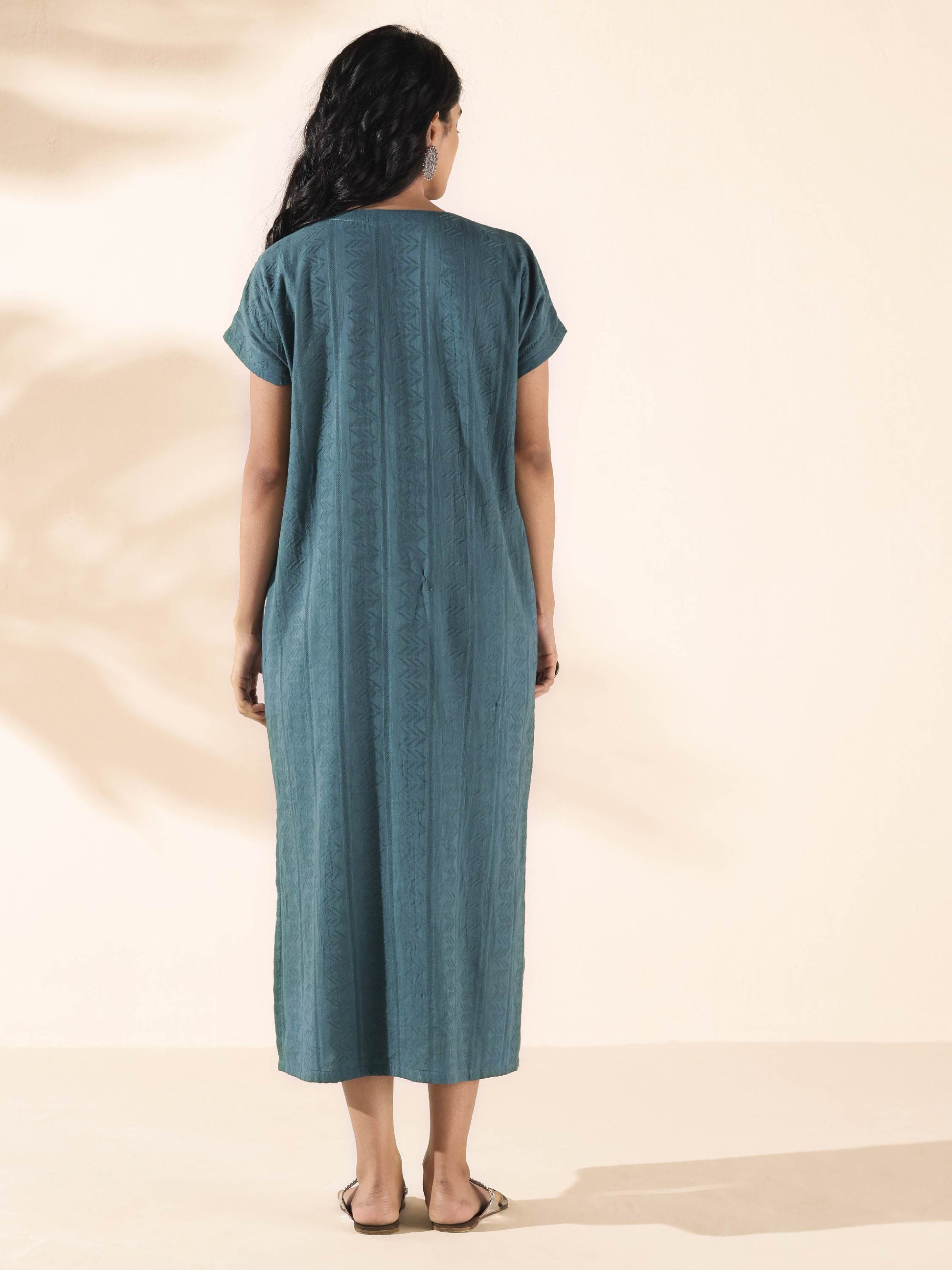 trueBrowns Turquoise Cotton Dobby Dress | Swadesiicart