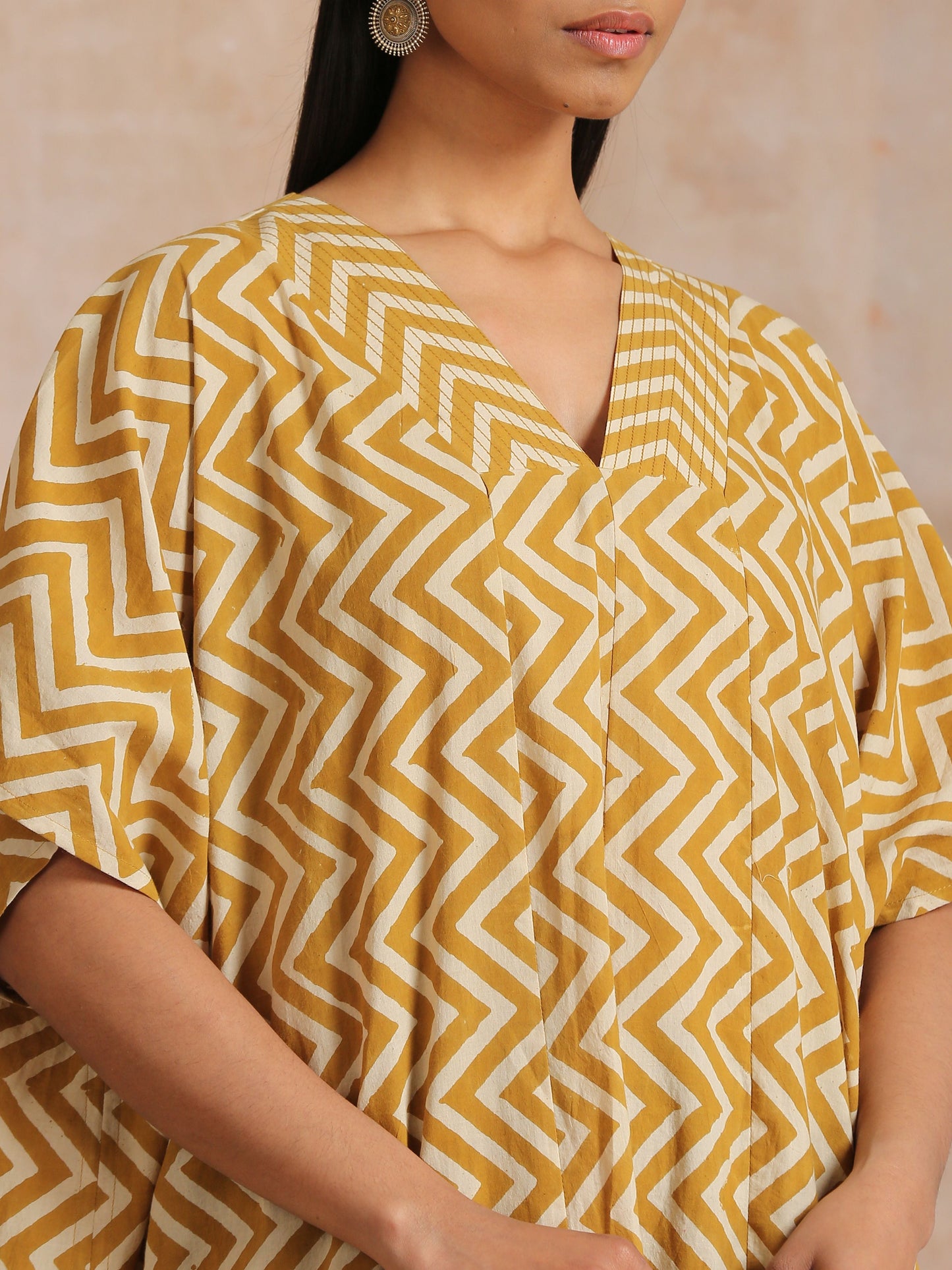 trueBrowns Mustard Dabu Zig-Zag Lines Print Cotton Panel Kaftan Kurta Pant Set | Swadesiicart