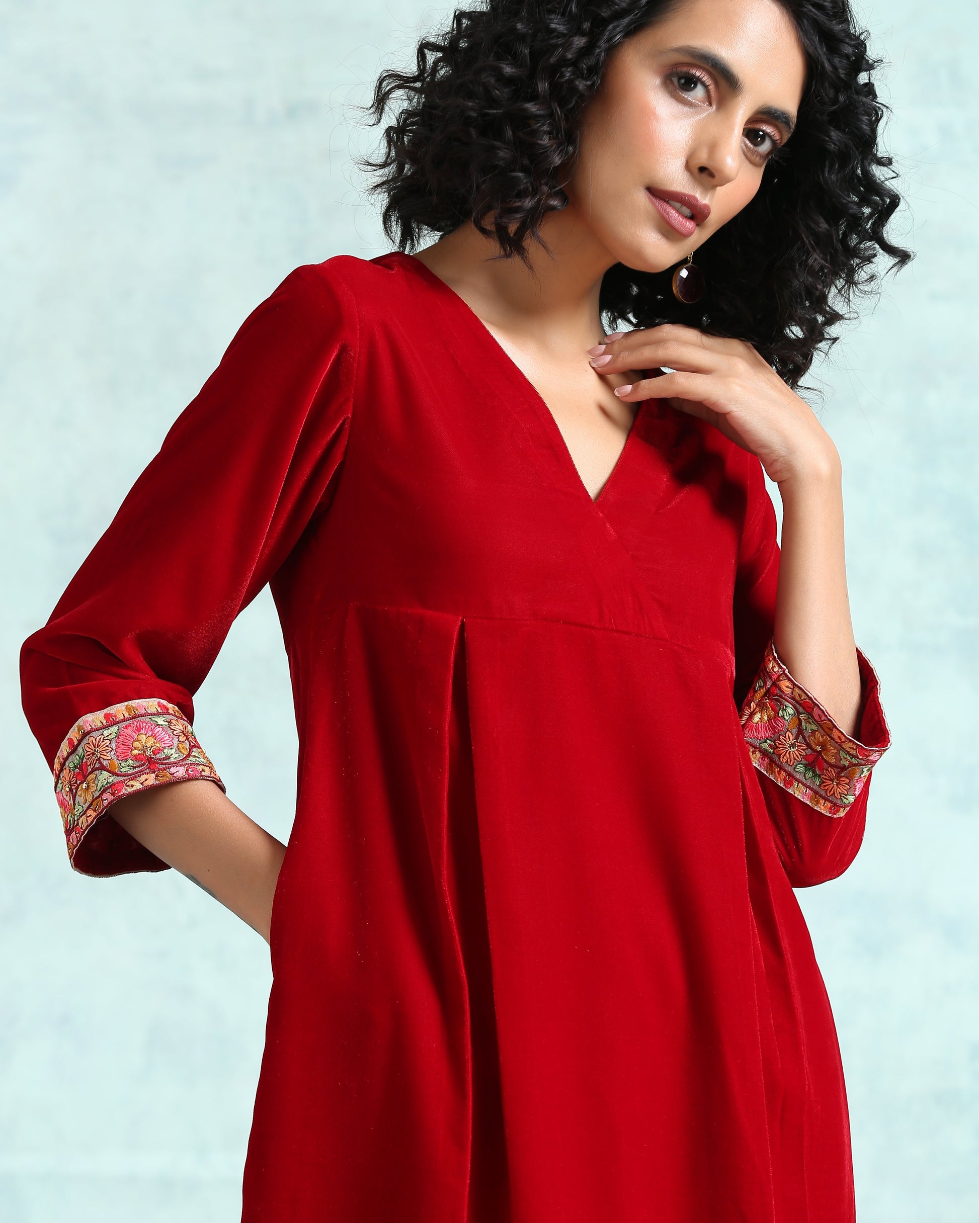 trueBrowns True Red Velvet Yoke Kurta | Swadesiicart