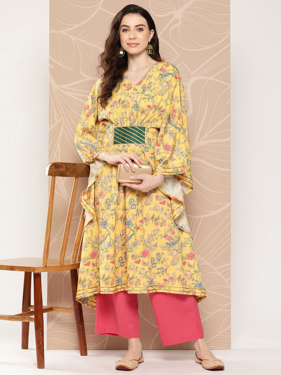 Ahalyaa Women Floral Printed Flared Sleeves Gotta Patti Floral Crepe Kaftan Kurta | Swadesiicart
