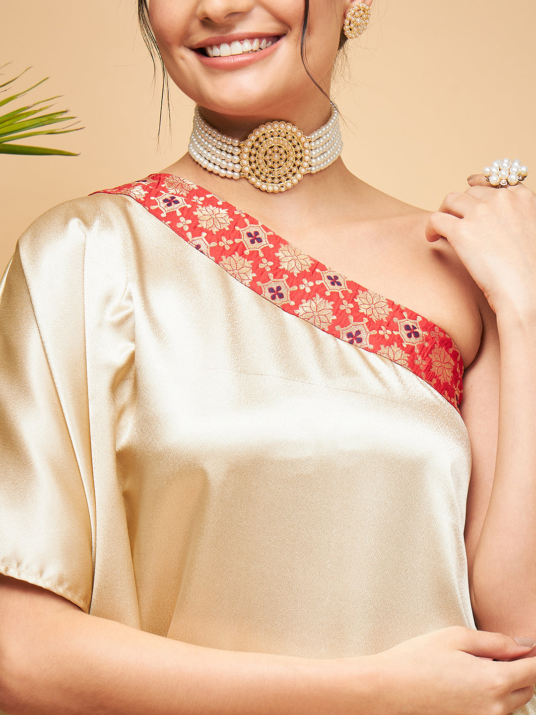 InWeave Women's Beige Red Brocade Oneshoulder Top Satin W Palazzo Set - Swadesiicart