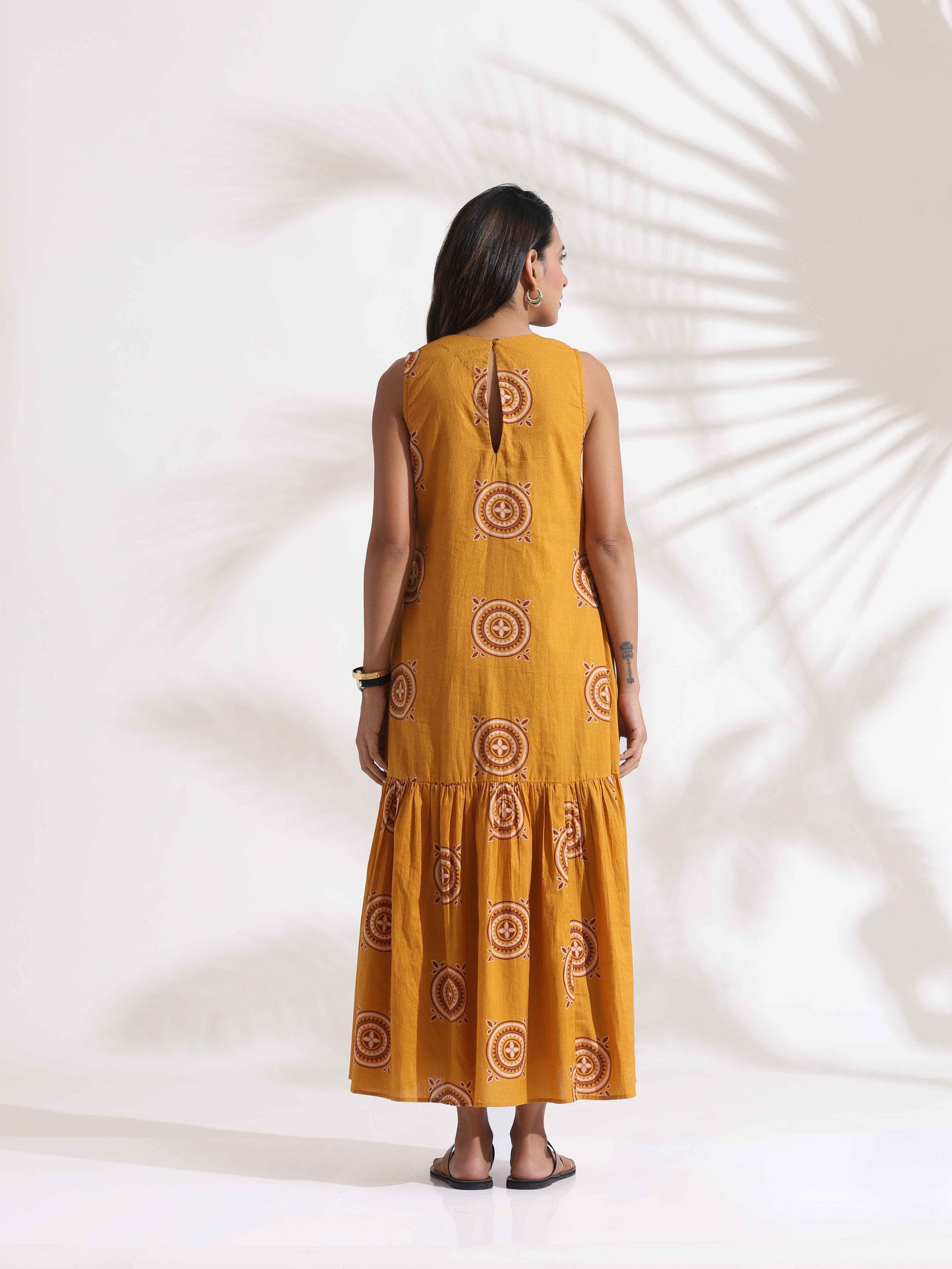trueBrowns Mustard Cotton Print Tier Dress | Swadesiicart
