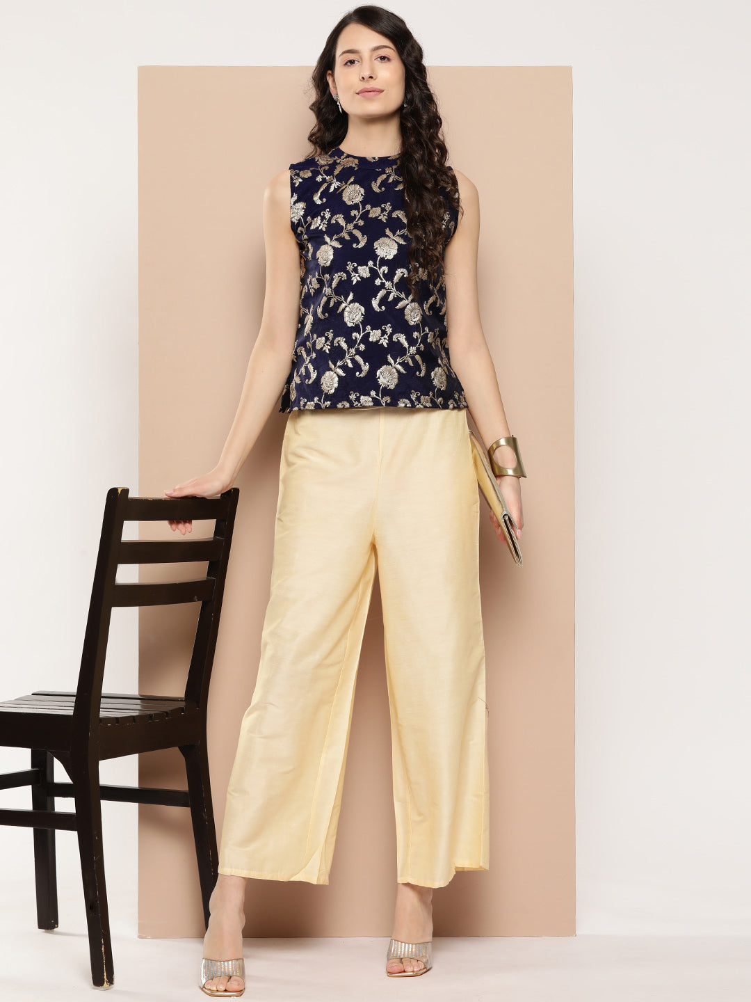 InWeave Women's Navy Blue Brocade Halter Top - Swadesiicart