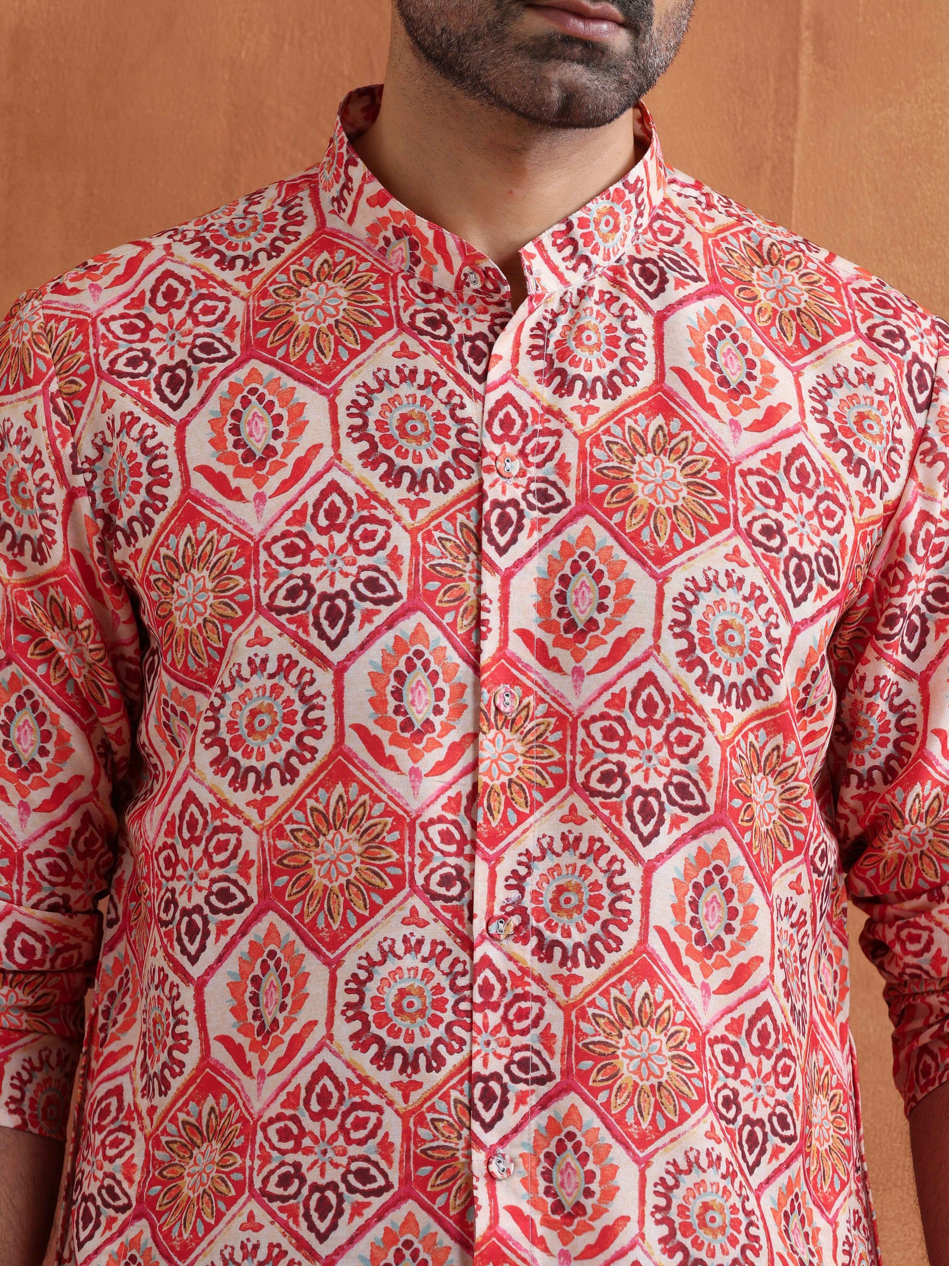 trueBrowns Men's Beige Printed Front Open Kurta | Swadesiicart