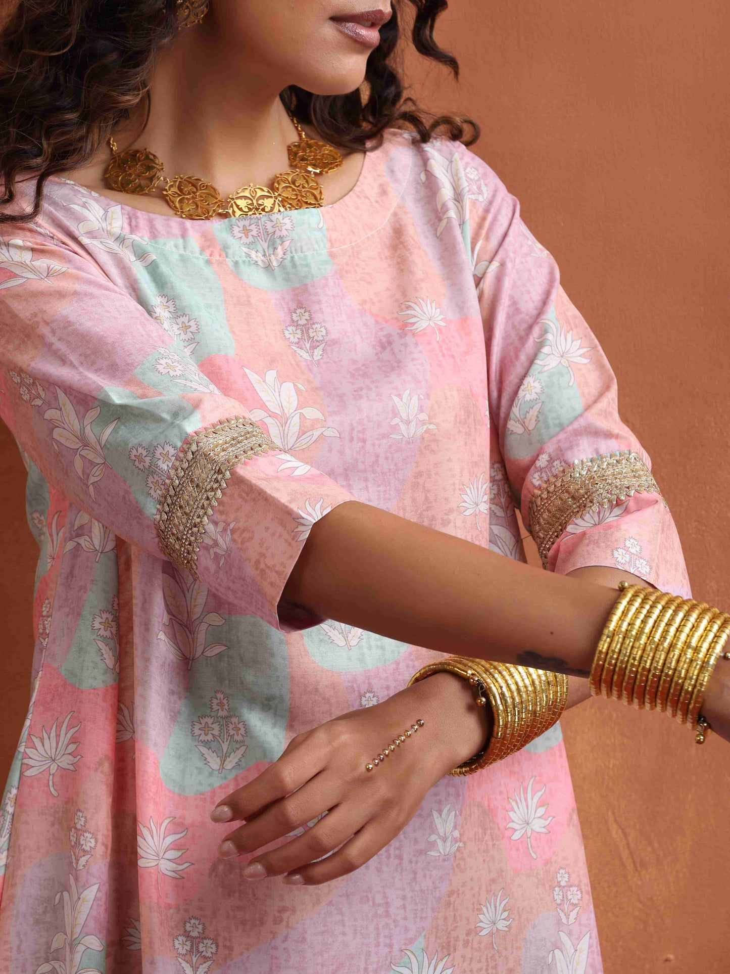 trueBrowns Beige Palm Print A-line Kurta Set | Swadesiicart