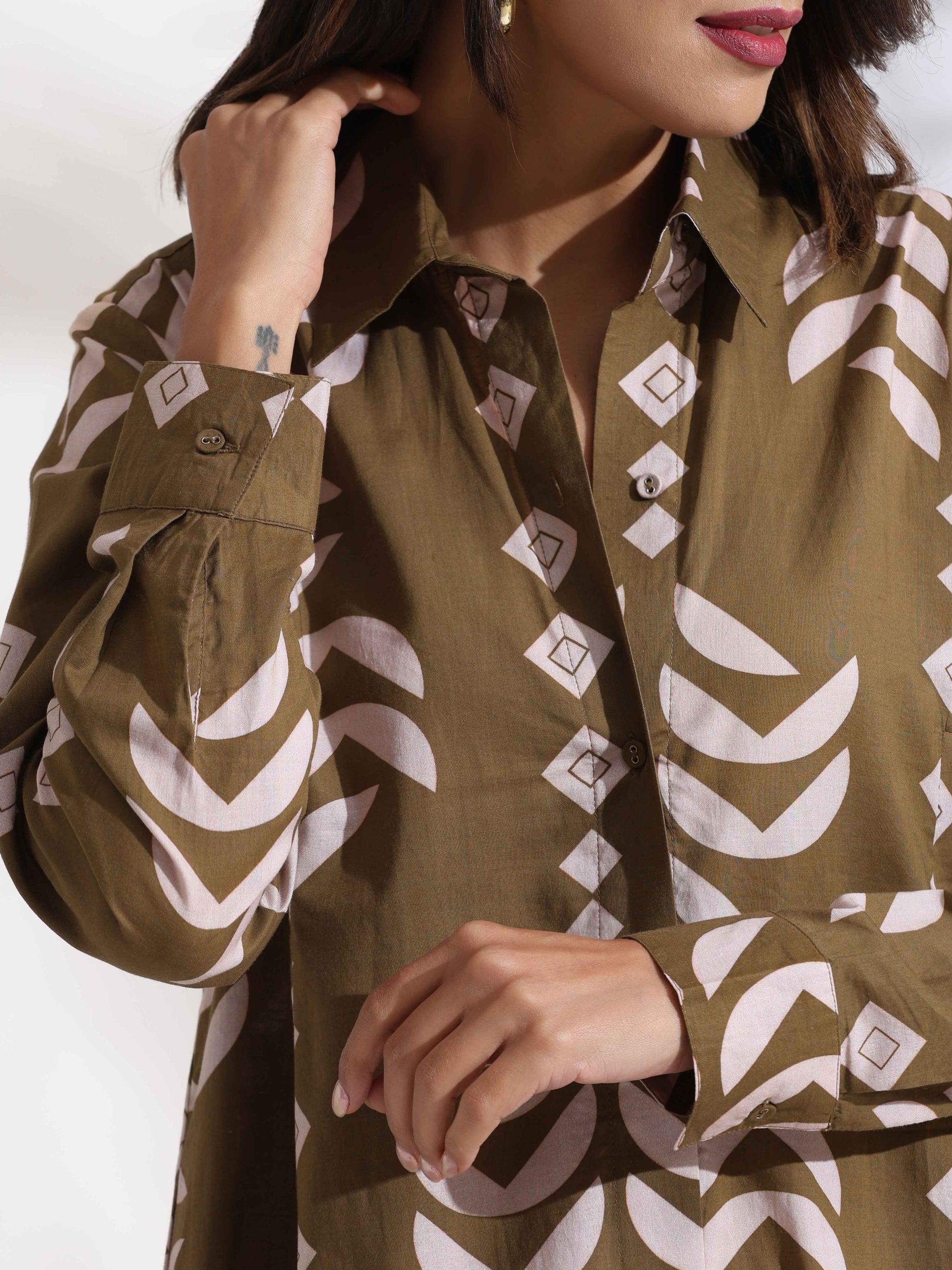 trueBrowns Olive Green Cotton Print Shirt Dress | Swadesiicart
