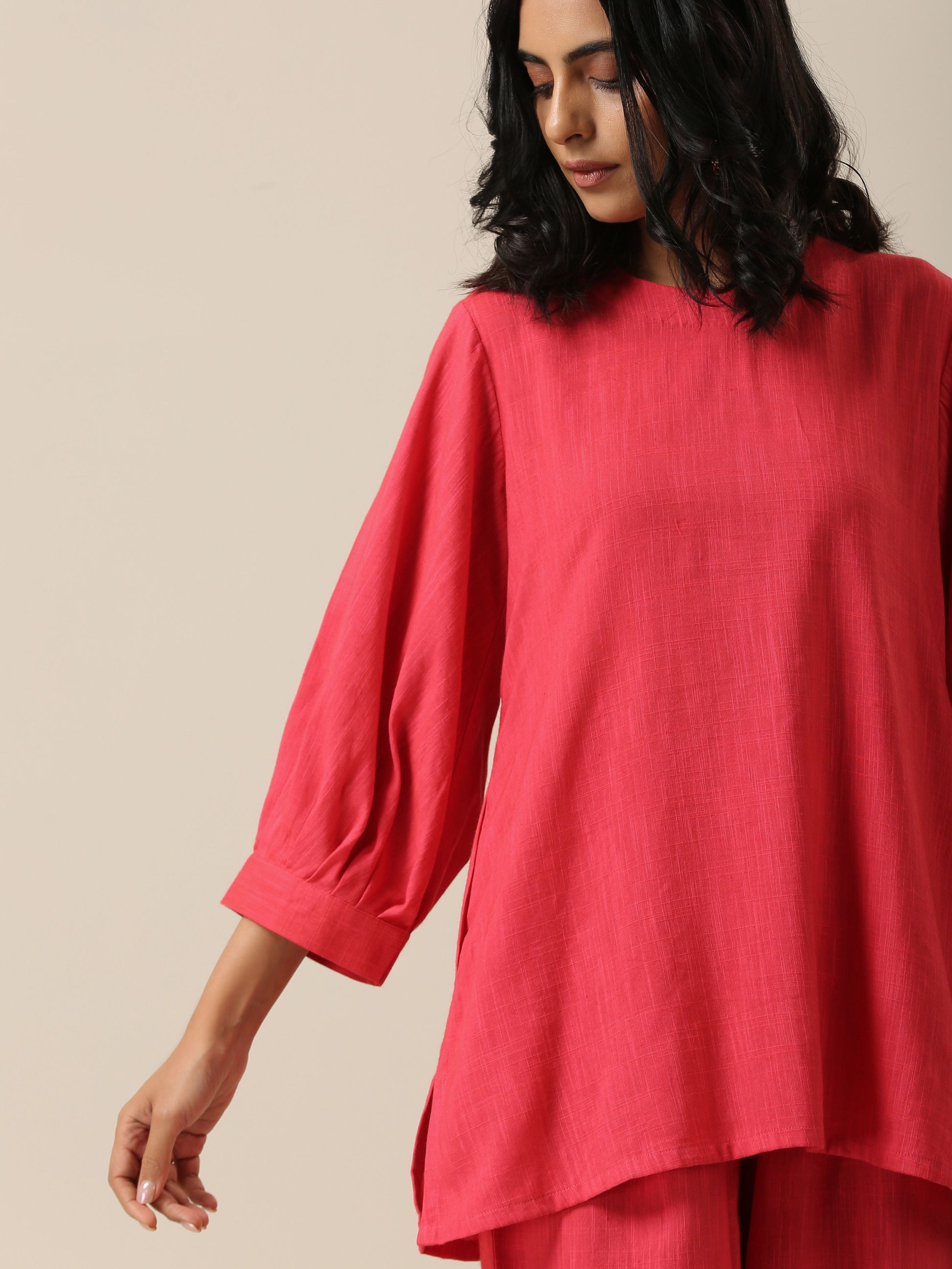 trueBrowns Bright Pink Slub Texture Baggy Sleeve Co-Ord Set - Swadesiicart
