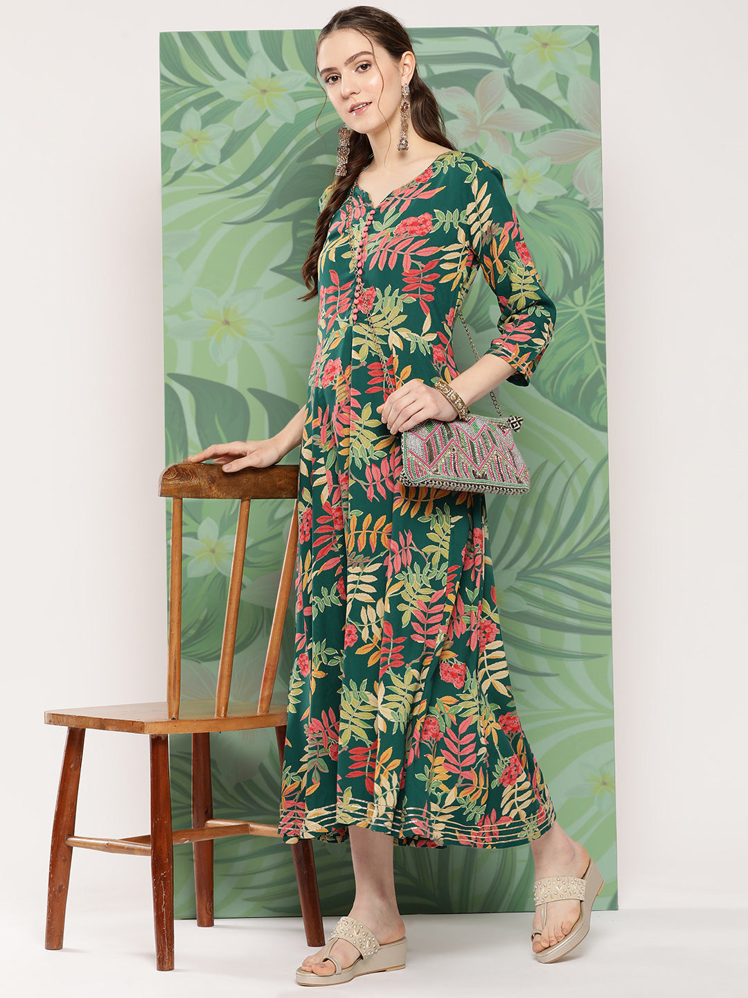 InWeave Women's Green Tropical Print Gota Long Dress - Swadesiicart