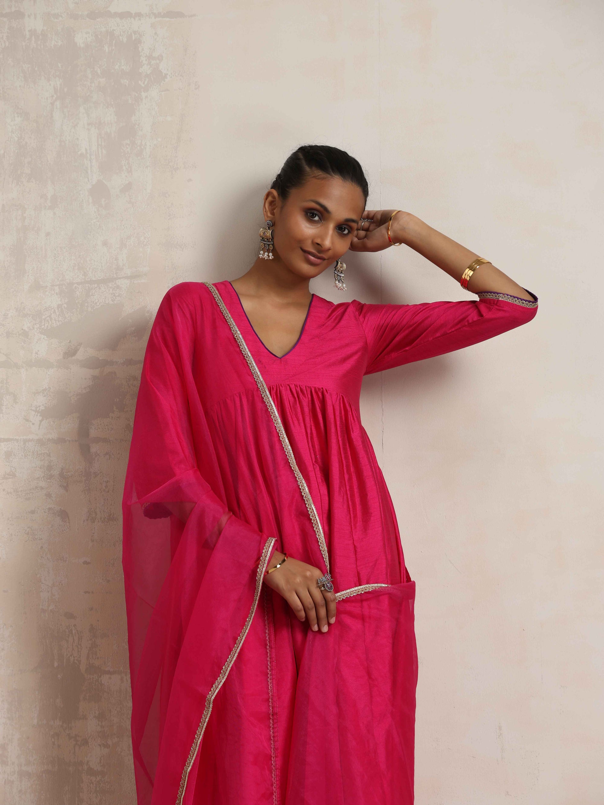 trueBrowns Pink Silk Anarkali Kurta Pant Dupatta Set | Swadesiicart