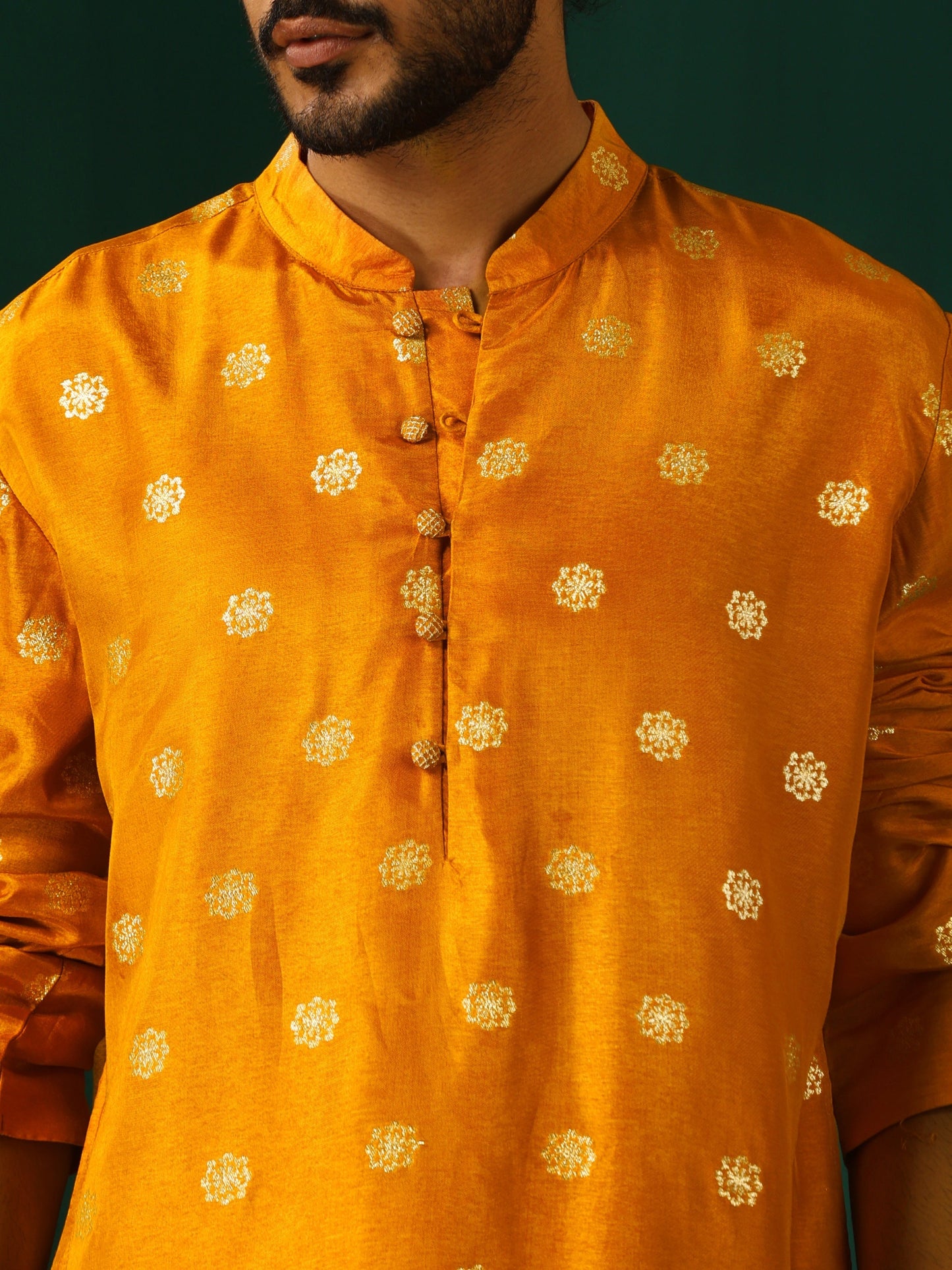 trueBrowns Men's Mustard Geometric Floral Viscose Silk Long Kurta | Swadesiicart