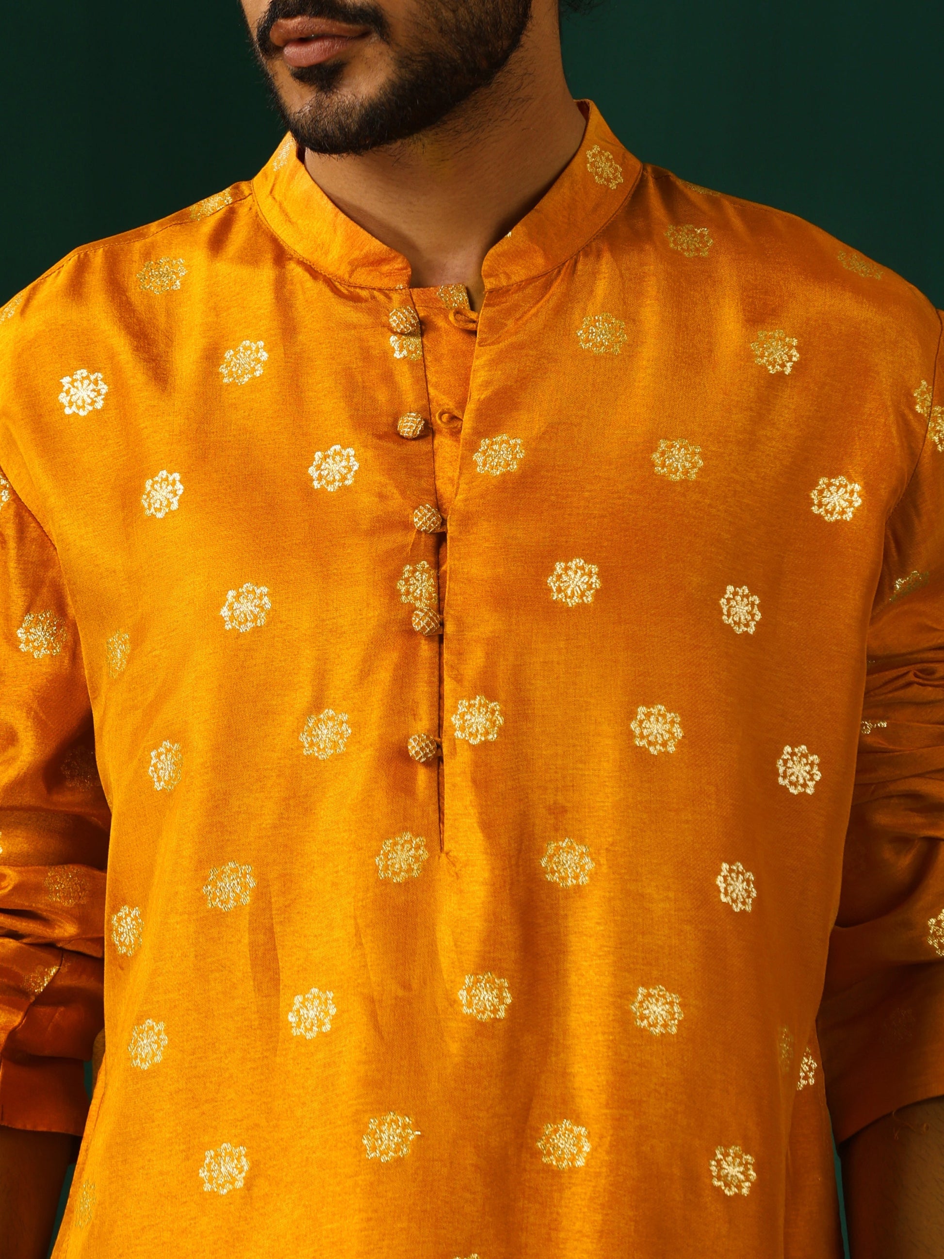 trueBrowns Men's Mustard Geometric Floral Viscose Silk Long Kurta | Swadesiicart