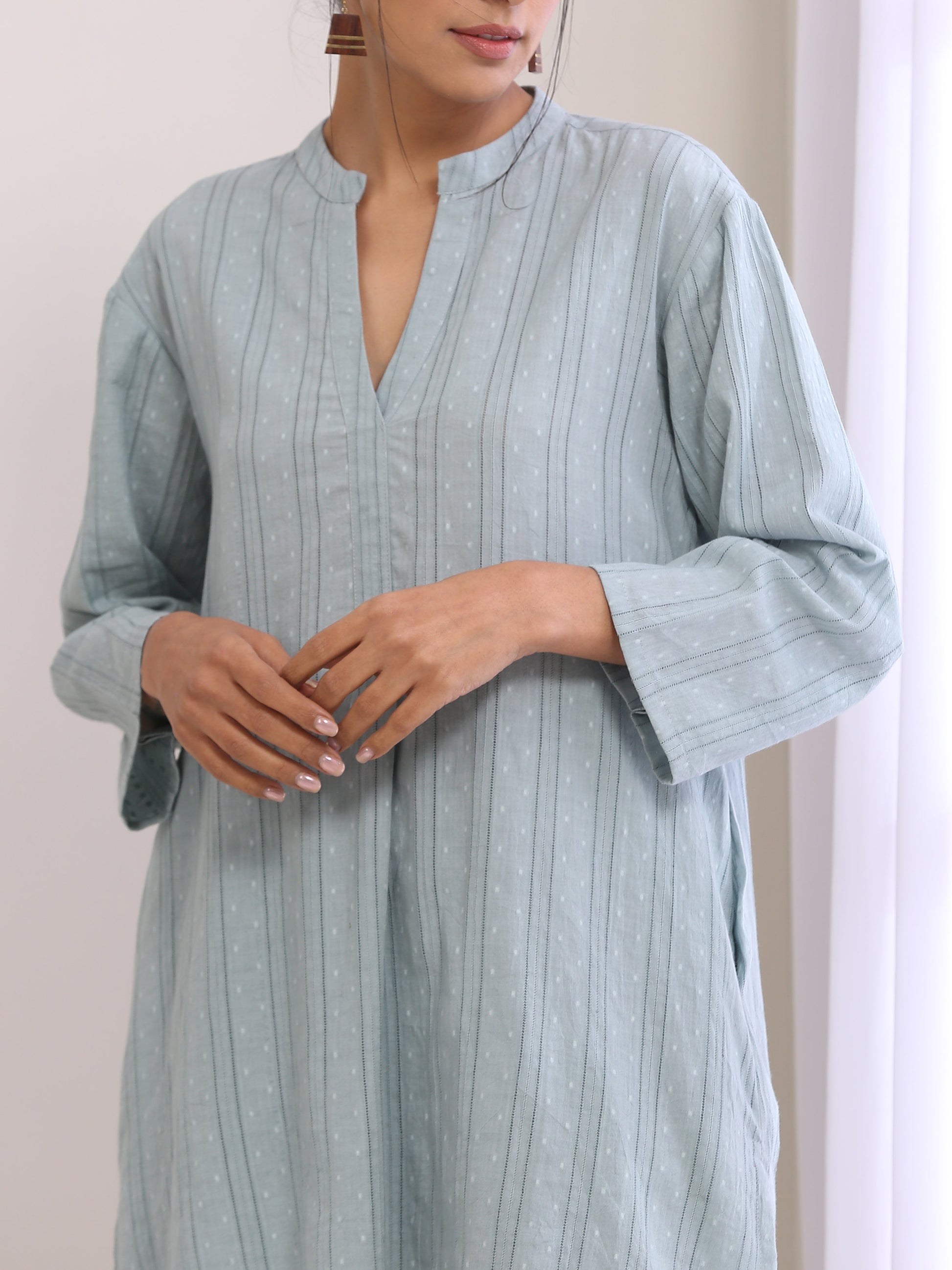 trueBrowns Eggshell Blue Dobby Relaxed Fit Co-Ord Set - Swadesiicart