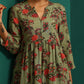 trueBrowns Green Floral Muslin Silk Printed Front Slit Kurta Pant Set | Swadesiicart