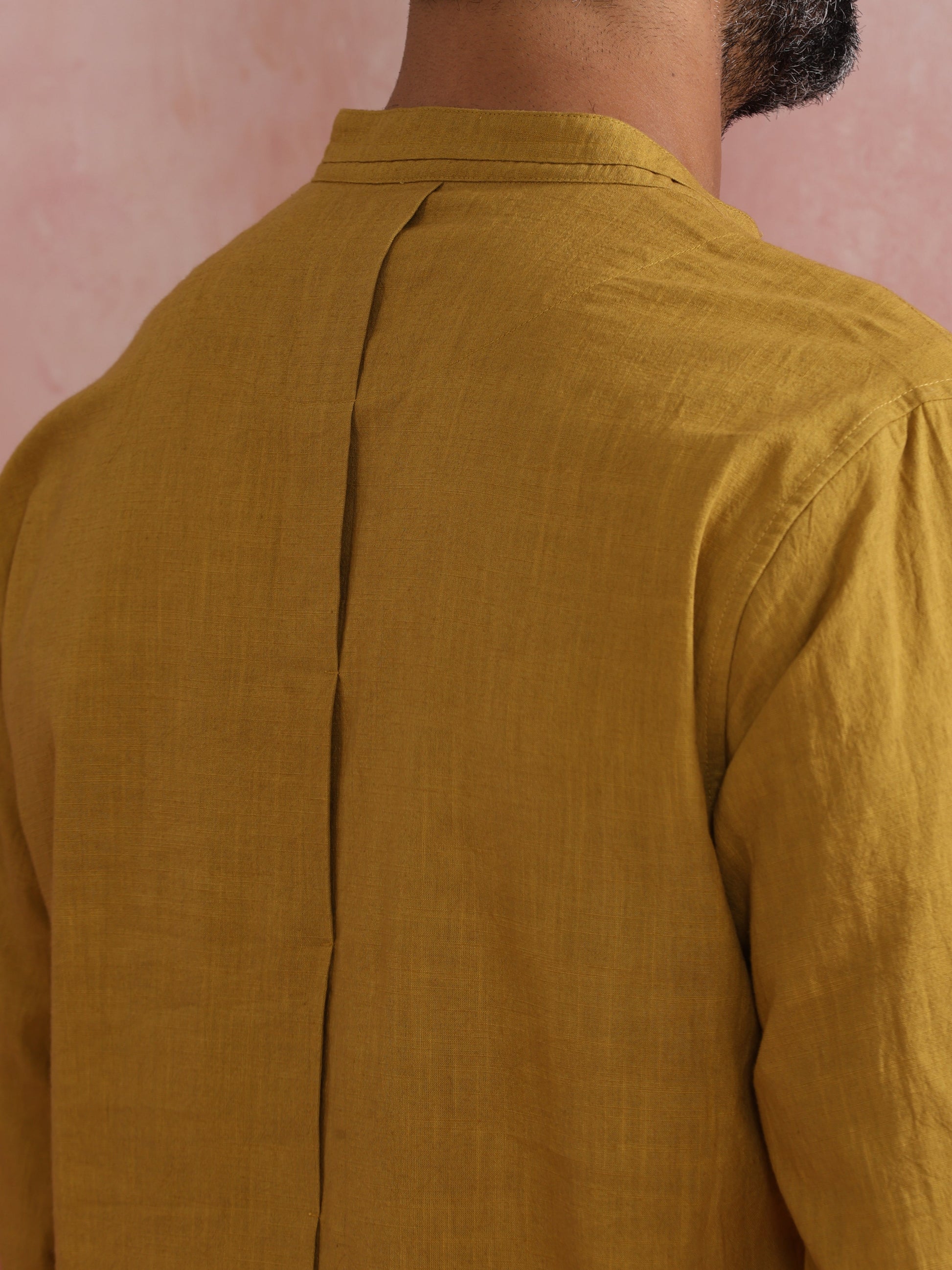 trueBrowns Men's Mustard Cotton Mandarin Collar Stylized Kurta | Swadesiicart