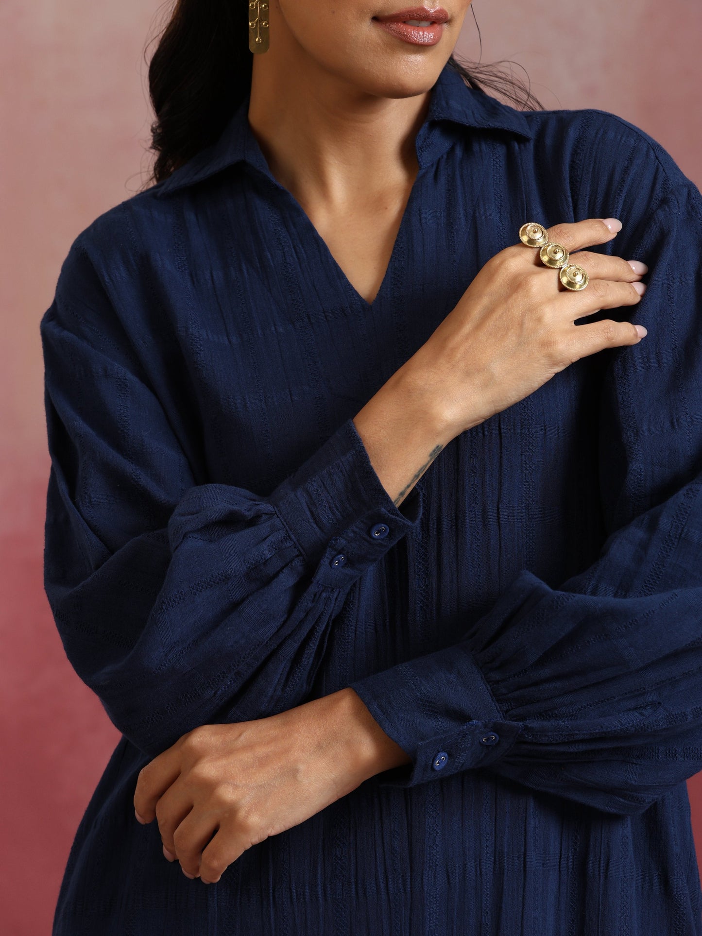 trueBrowns Dark Blue Cotton Dobby Dress | Swadesiicart