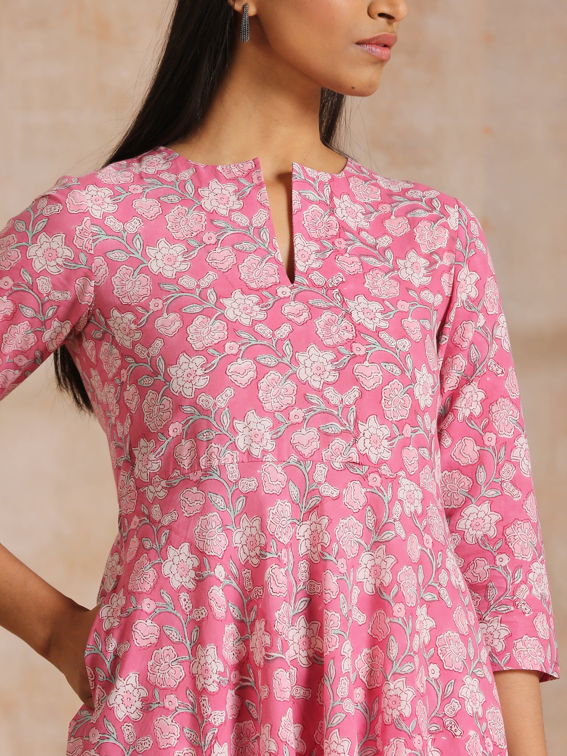 trueBrowns Pink Overall Floral Block Print Cotton Flared Kurta Pant Set | Swadesiicart