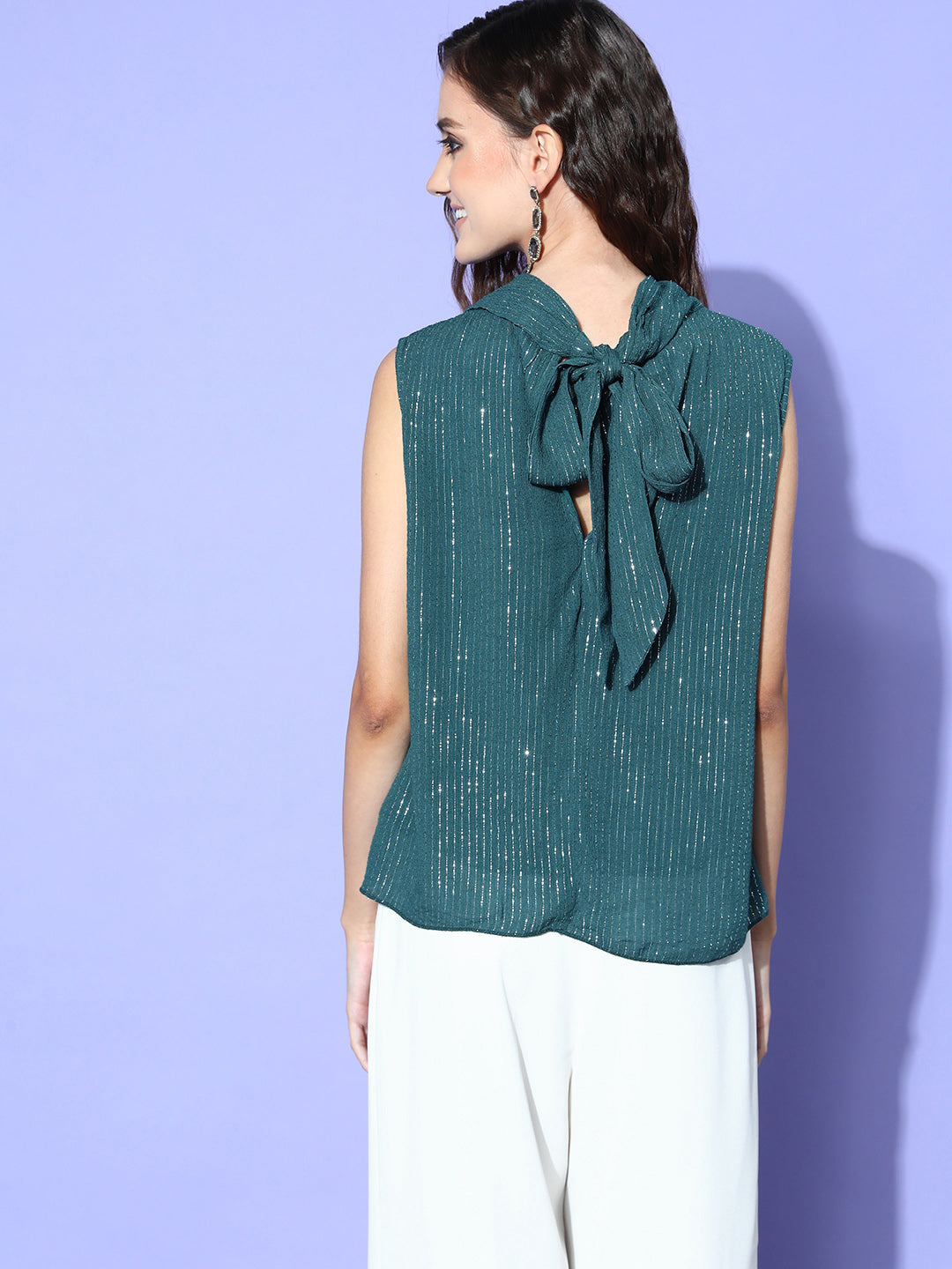 InWeave Women's Teal Lurex Tie Up Top - Swadesiicart