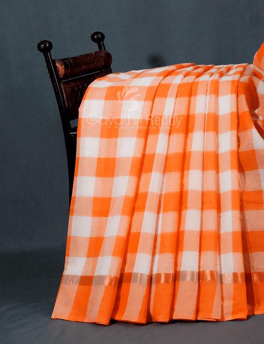 Cream And Orange Colored With Checks Pure Mangalgiri Cotton Saree By Gayathri Reddy Designer Studio | Swadesiicart