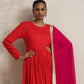 trueBrowns Red Crinkle Anarkali Kurta Pant Dupatta Set | Swadesiicart