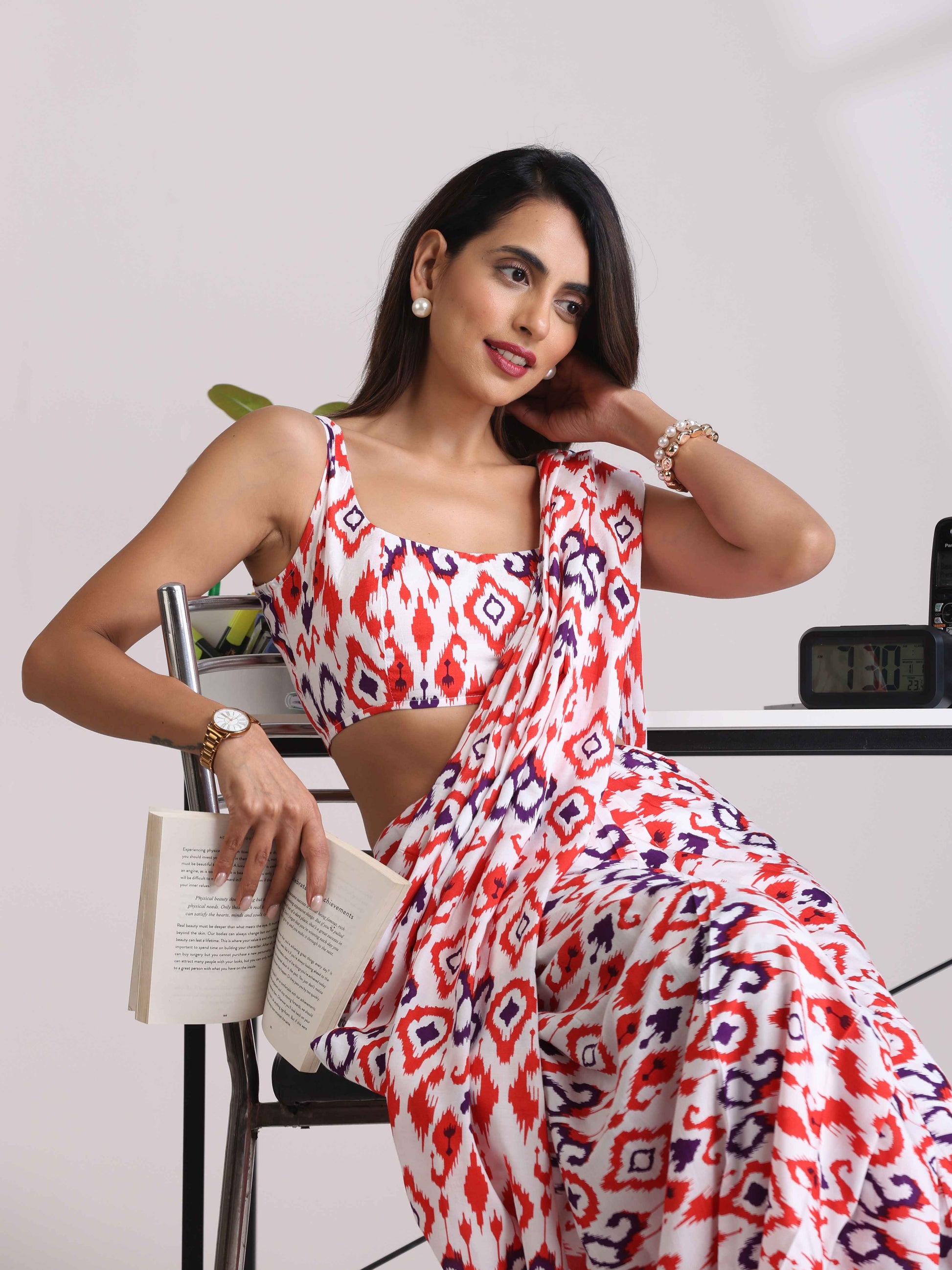 trueBrowns Carrot Muslin Ikat Sleeveless Blouse | Swadesiicart