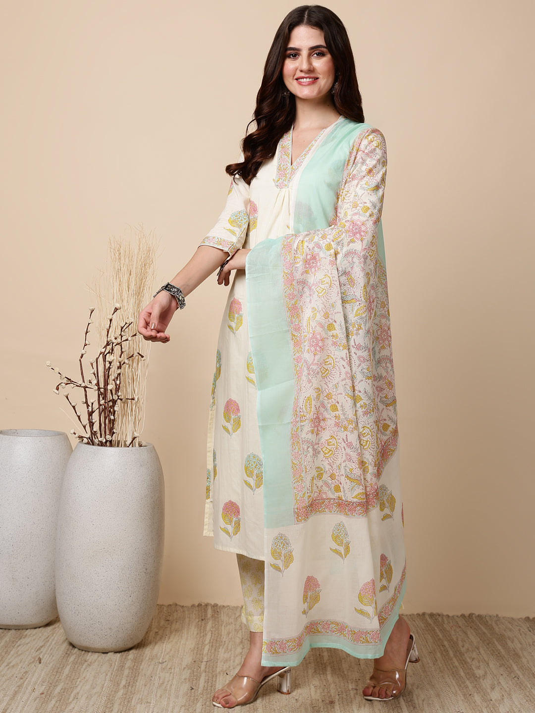 Antaran Cream Pure Cotton Floral Printed Kurta Pant And Dupatta Set - Swadesiicart