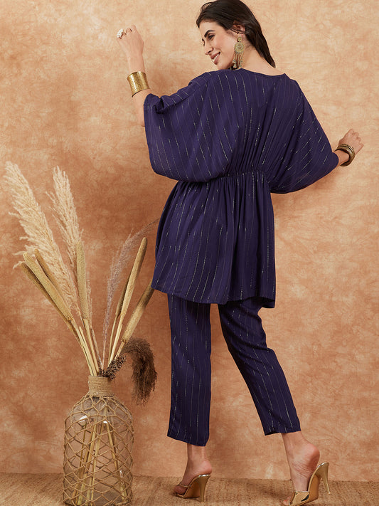 InWeave Women's Royal Blue Lurex V Neck Gota Kaftan Style Kurta Set - Swadesiicart