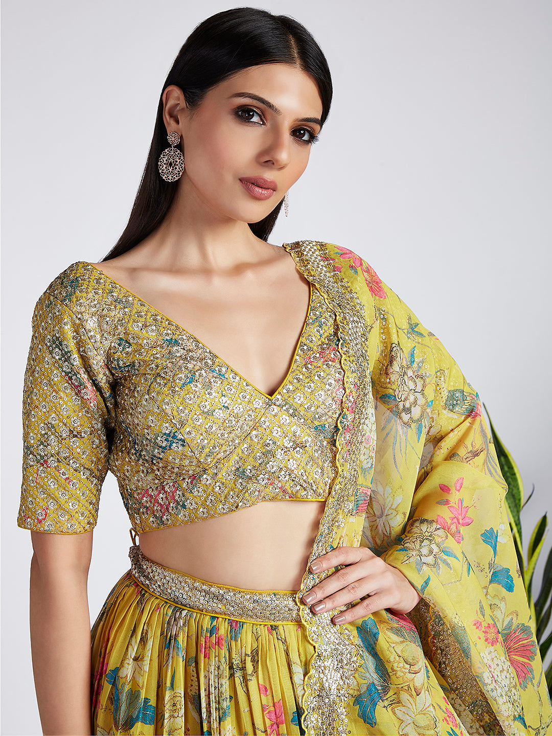 House of Panchhi Mustard Colour Organza Floral Design Digital Print Lehenga Choli & Dupatta | Swadesiicart